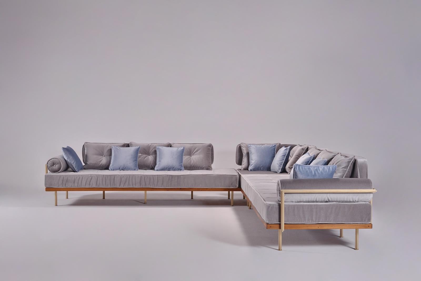 Thai Custom-size Corner Sofa with Brass and Reclaimed Hardwood Frame by P.Tendercool For Sale
