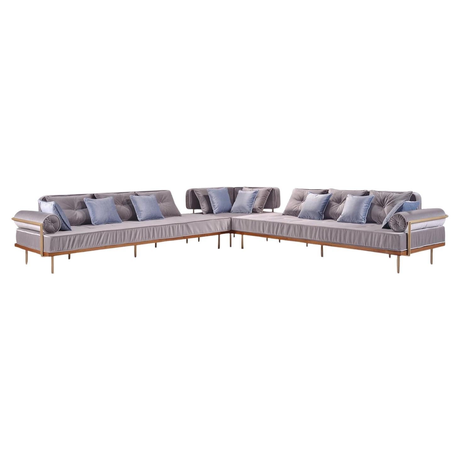 Custom-size Corner Sofa with Brass and Reclaimed Hardwood Frame by P.Tendercool For Sale