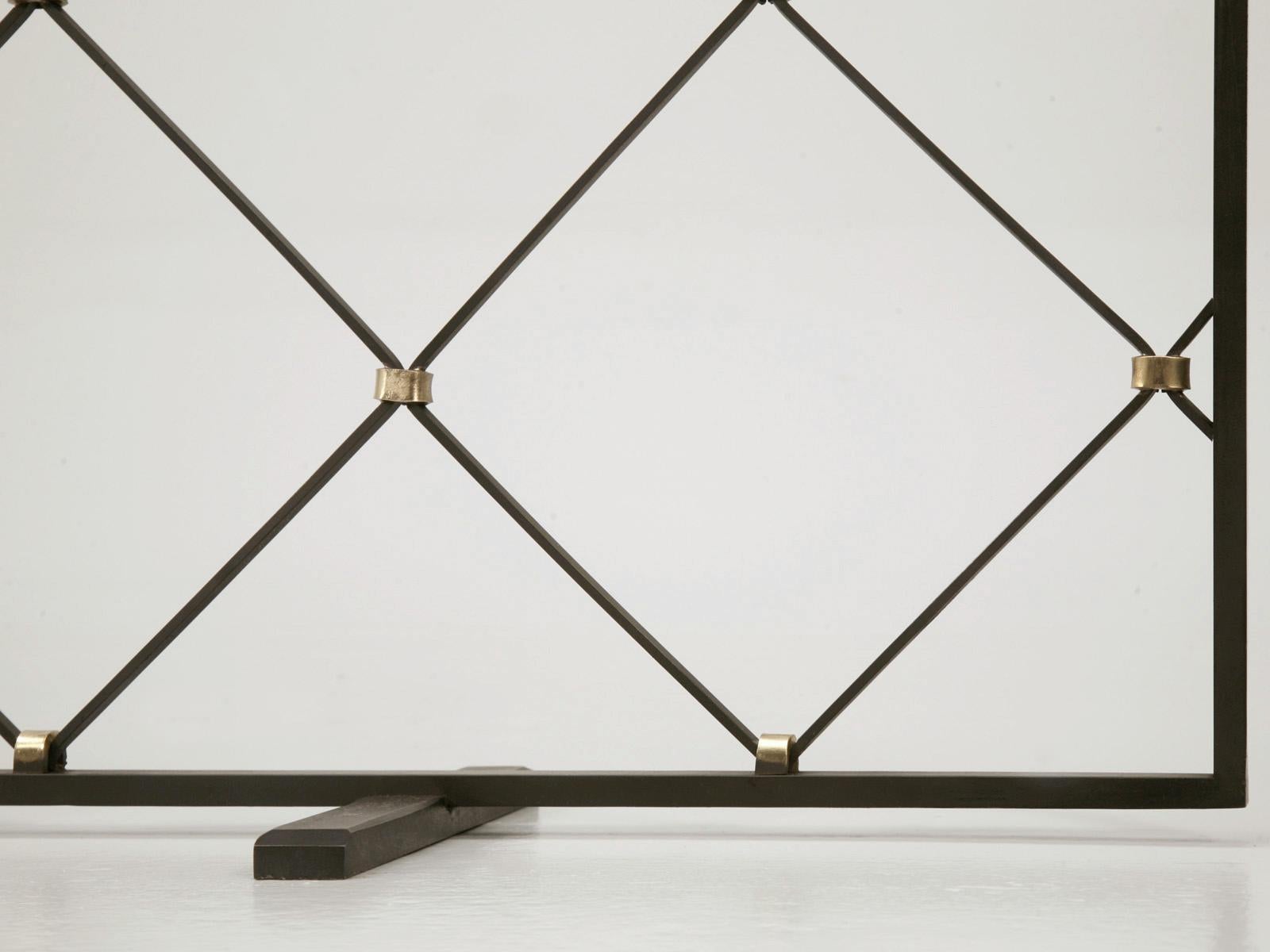 Mid Century Modern Custom Handmade Steel Fireplace Screen with Brass Fittings For Sale 1