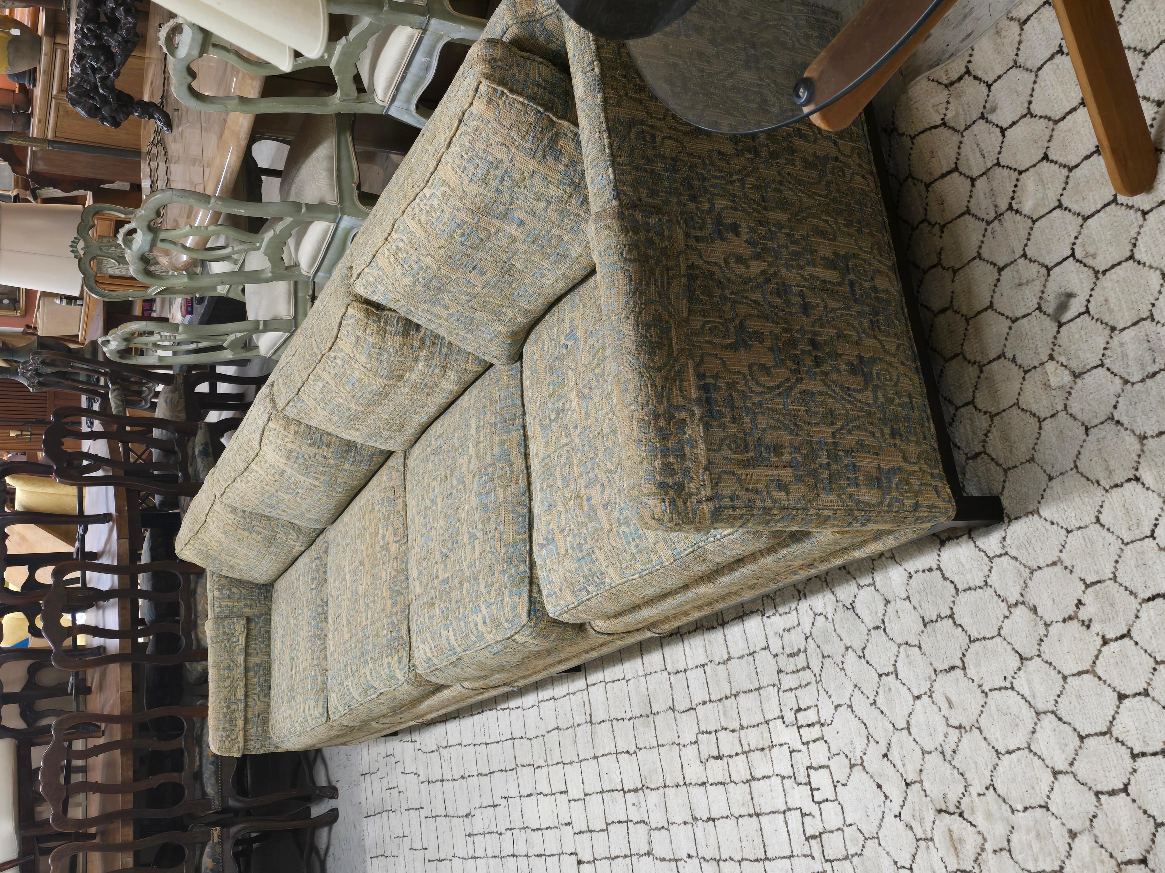 Stunning custom sized 1950s Widdicomb Sofa with spectacular woven original fabric.   I've never seen 4 seat version of this sofa and the seats seem wider than normal as well.   Nearly a tuxedo sofa the back is only a feeling inches taller than the