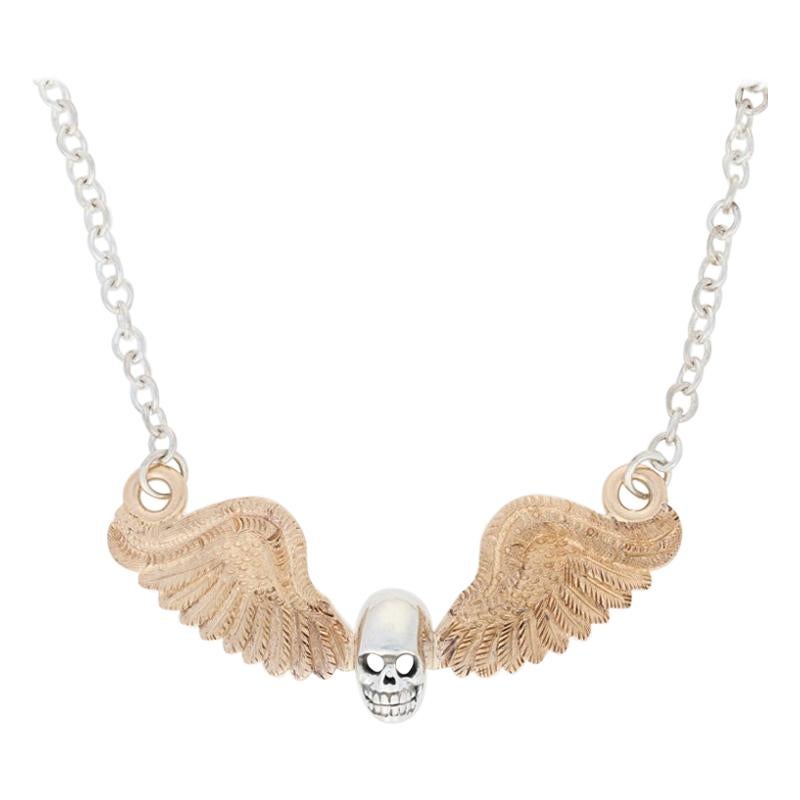 Custom Skull and Antique Wings Necklace Sterling and 14 Karat Yellow Gold Unique