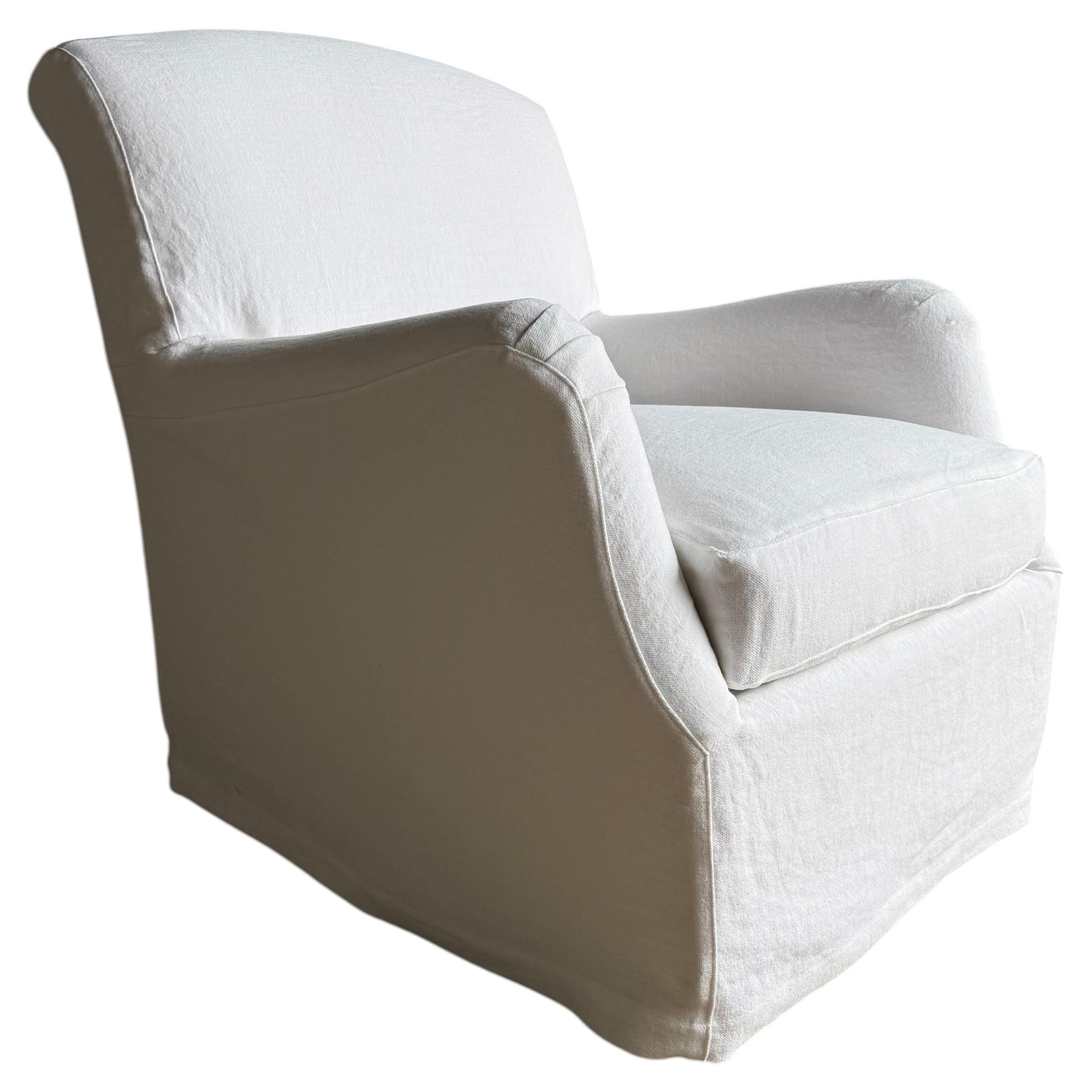Custom Slip Covered Linen English Arm Chair Made to Order with Down Cushion