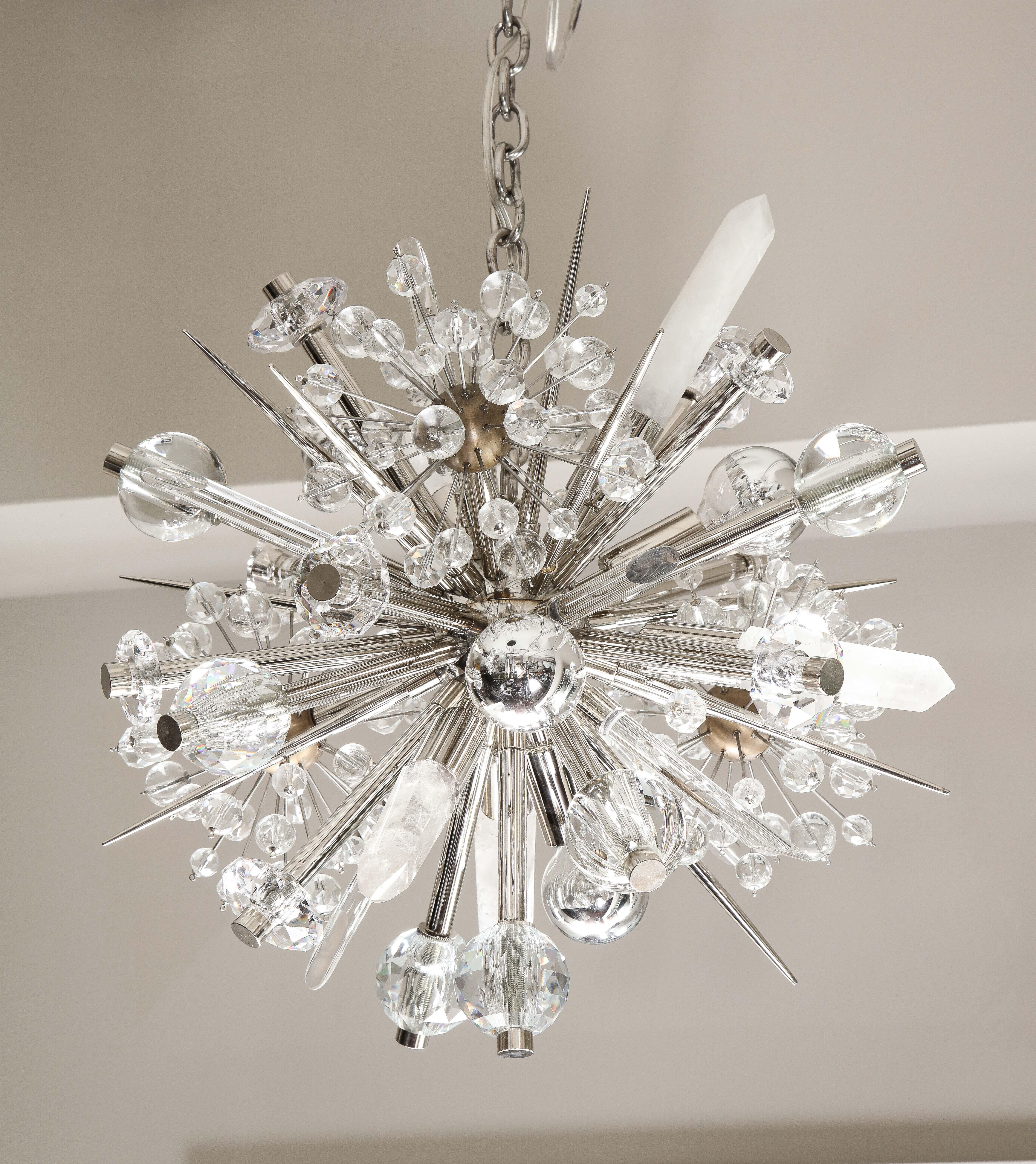 Custom petite Austrian crystal and rock crystal sputnik chandelier. This glamorous chandelier is fully customizable in sizes, finishes and design. As an example, you can choose faceted or smooth finish on crystals, and where you would like to have