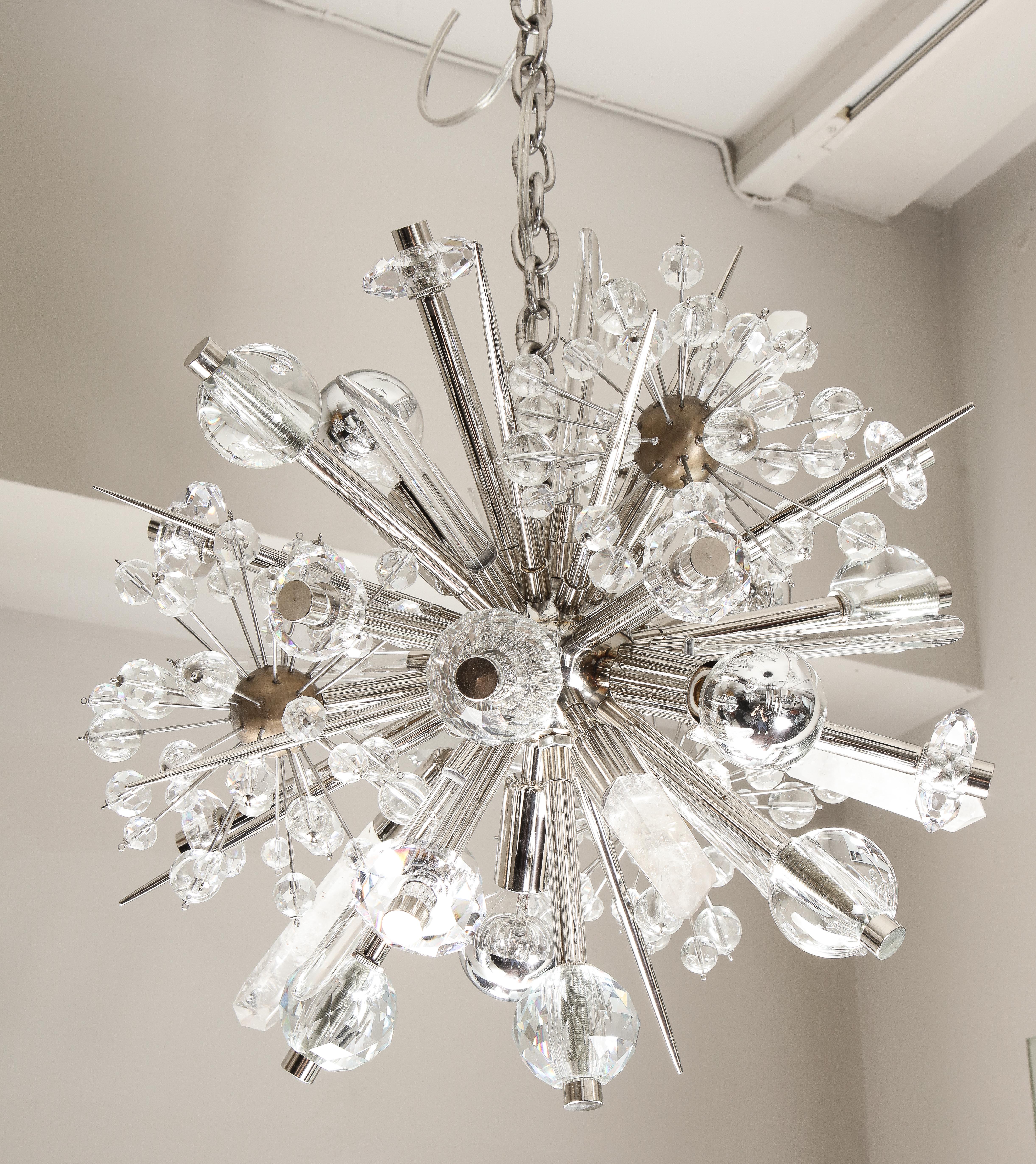 American Custom Petite Austrian Crystal and Rock Crystal Sputnik Chandelier For Sale