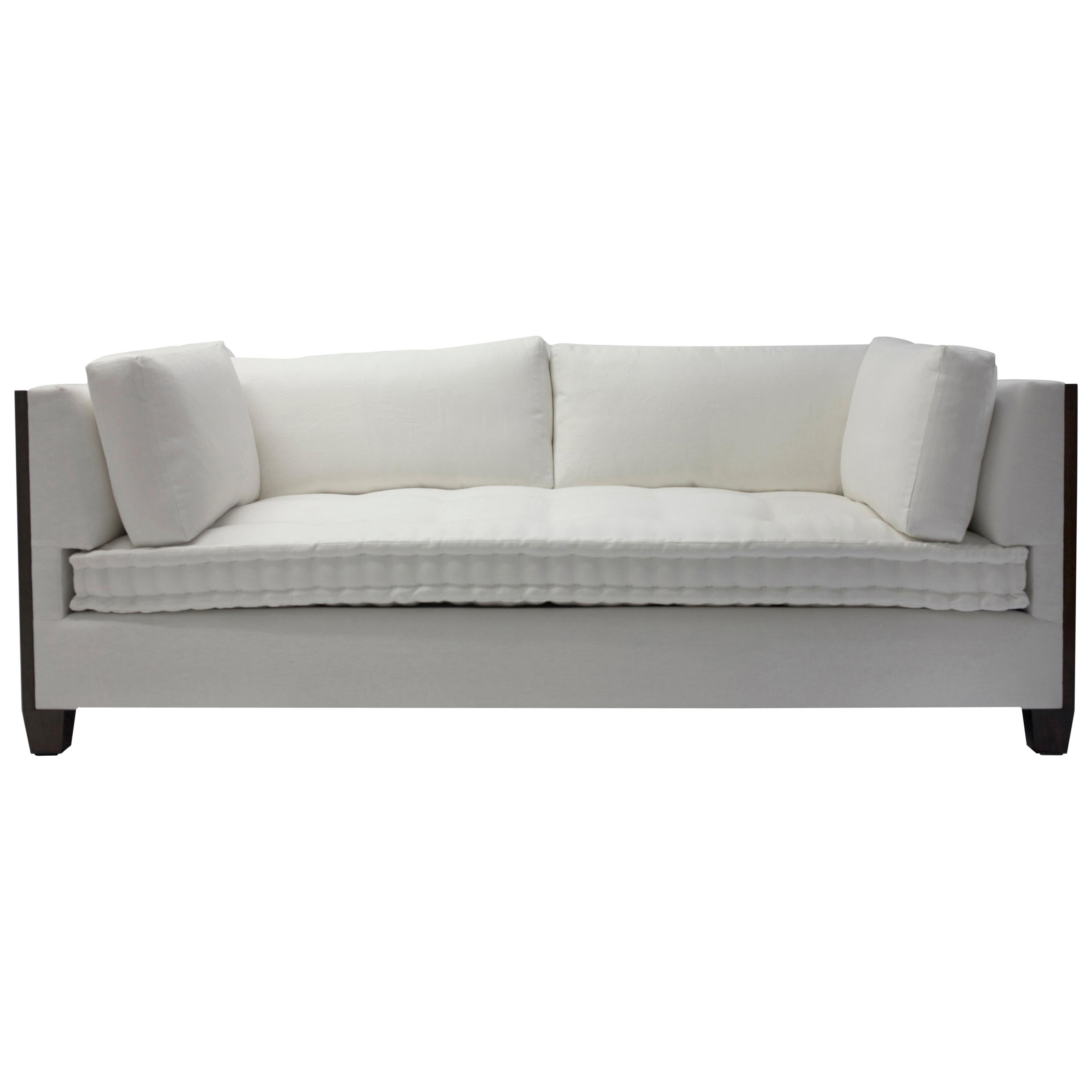 Custom Sofa with Wood Surround at Arms with Loose Back and Side Cushions For Sale