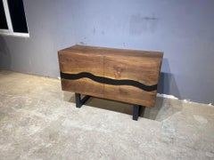 Custom Solid Black Walnut & Wavy Black Resin Two-Door Sideboard