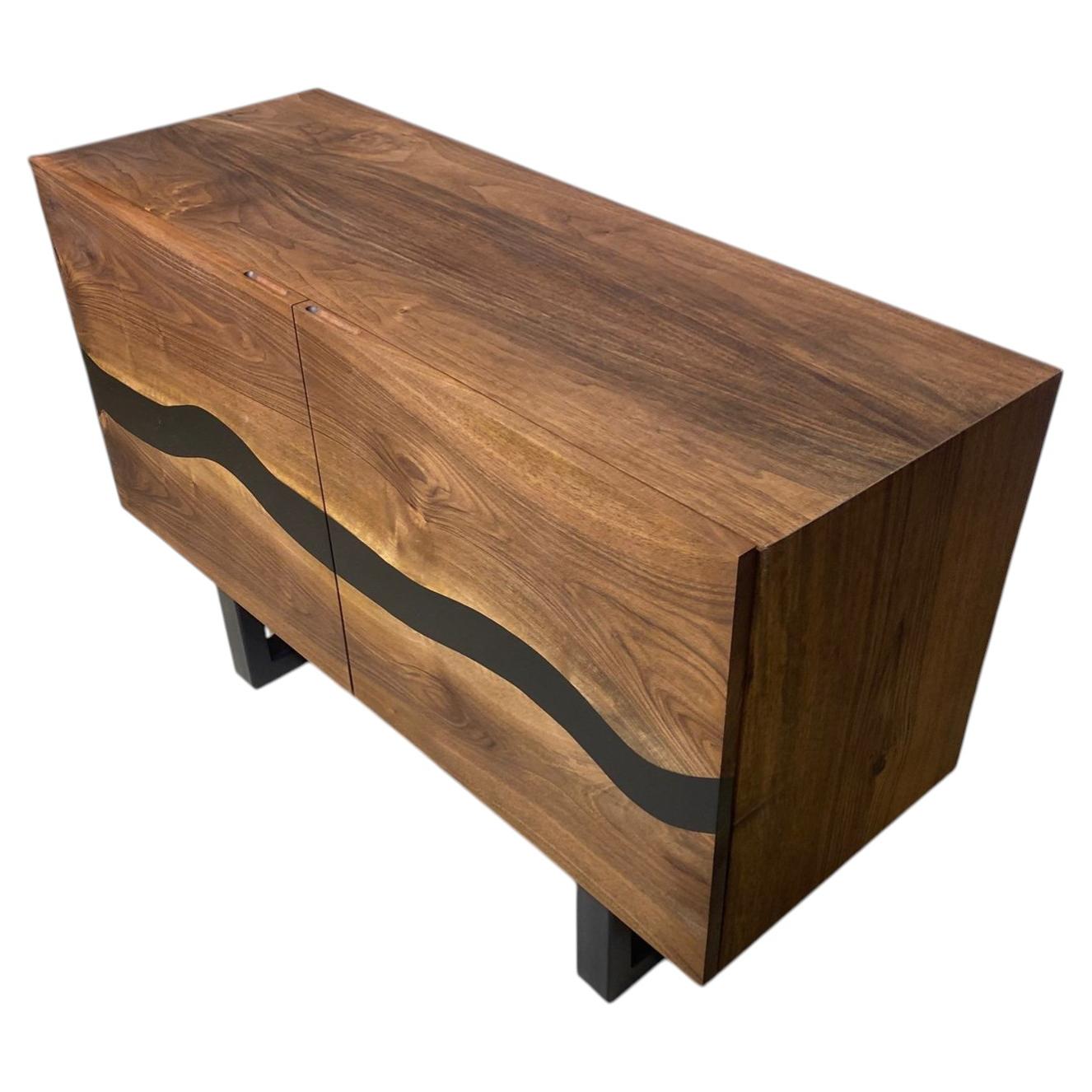 Custom Solid Black Walnut & Wavy Black Resin Two-Door Sideboard For Sale