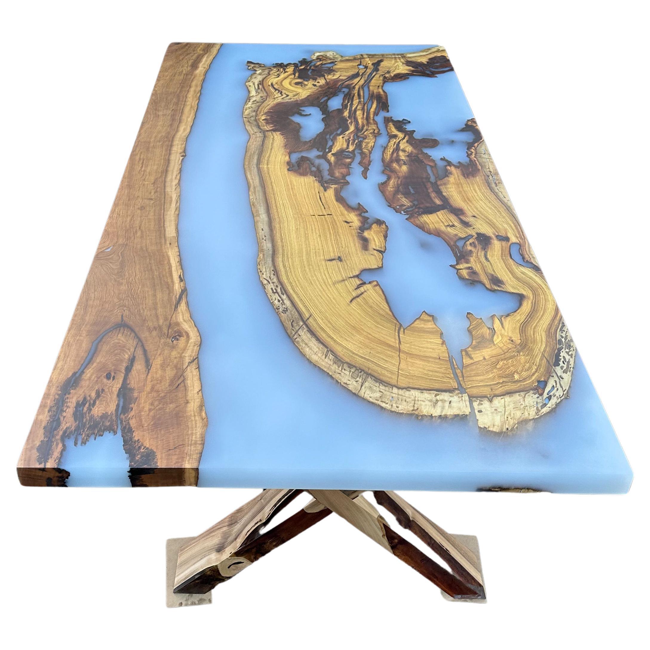 Custom Solid Wood Rectangular Epoxy Resin White Dining Table