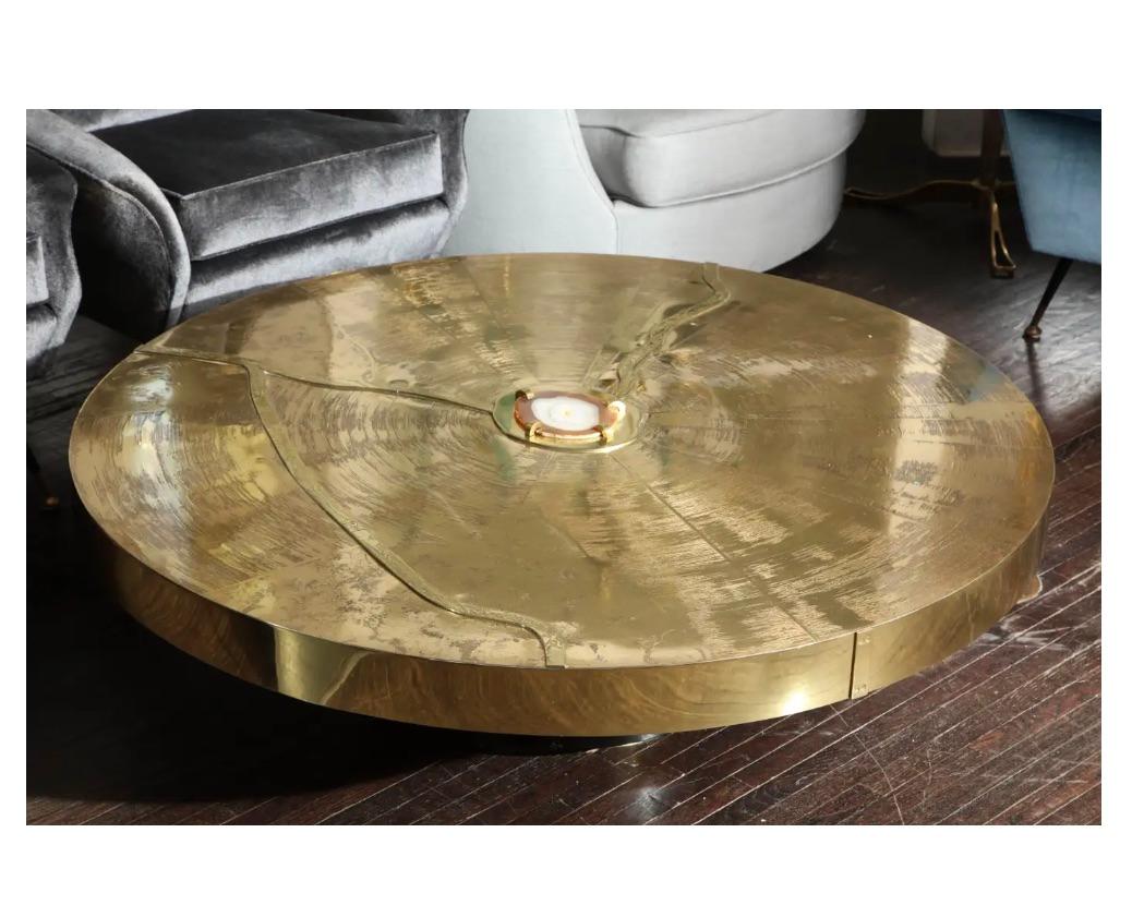 Custom spectacular round etched brass cocktail table with agate stone painstakingly created by highly skilled artisans.