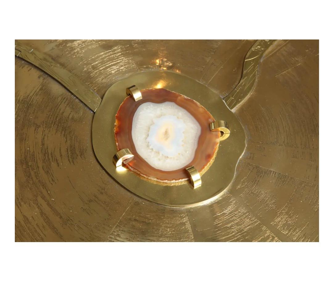 Mid-Century Modern Custom Spectacular Round Etched Brass Cocktail Table with Agate Stone, 30