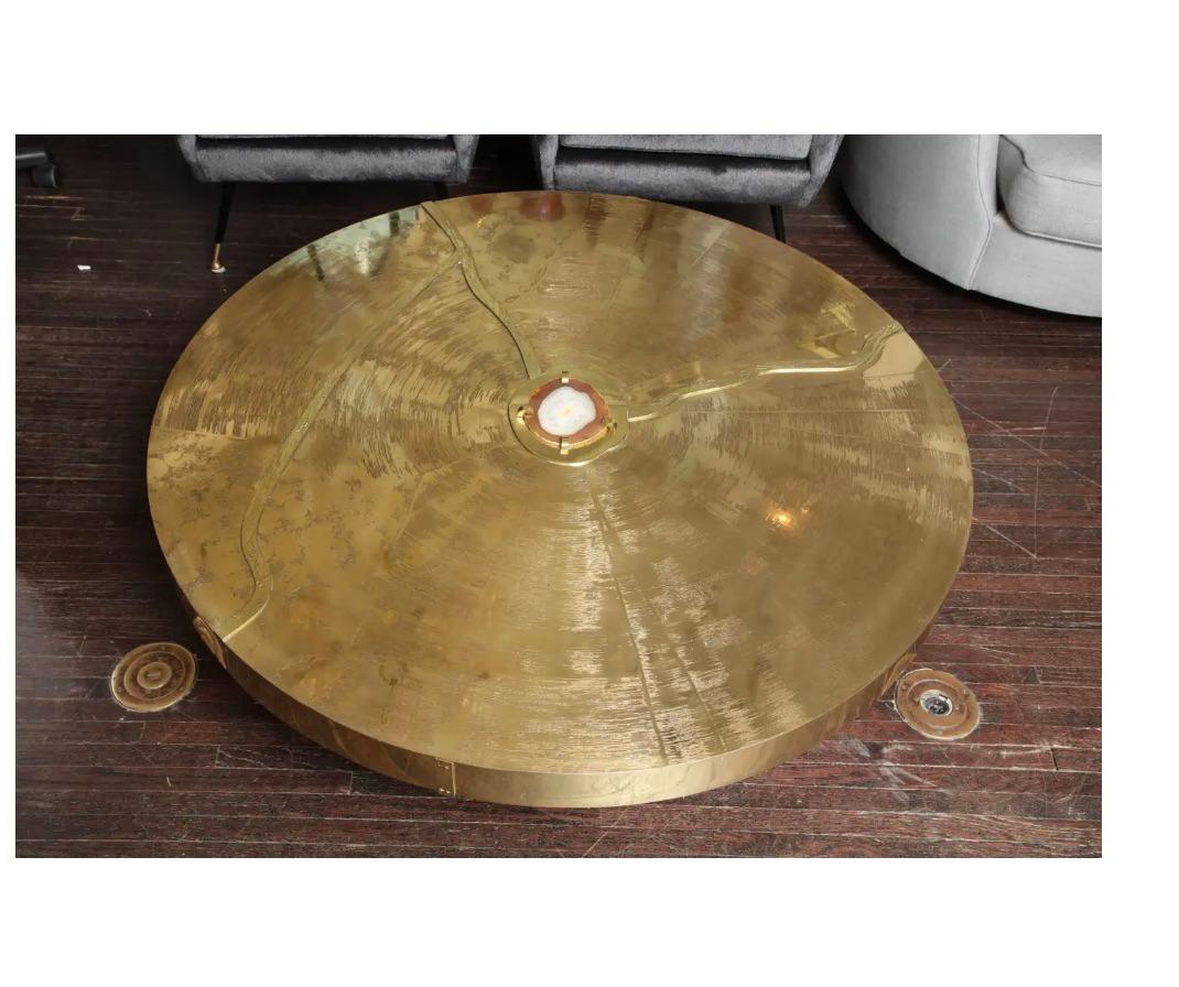 Custom Spectacular Round Etched Brass Cocktail Table with Agate Stone, 30