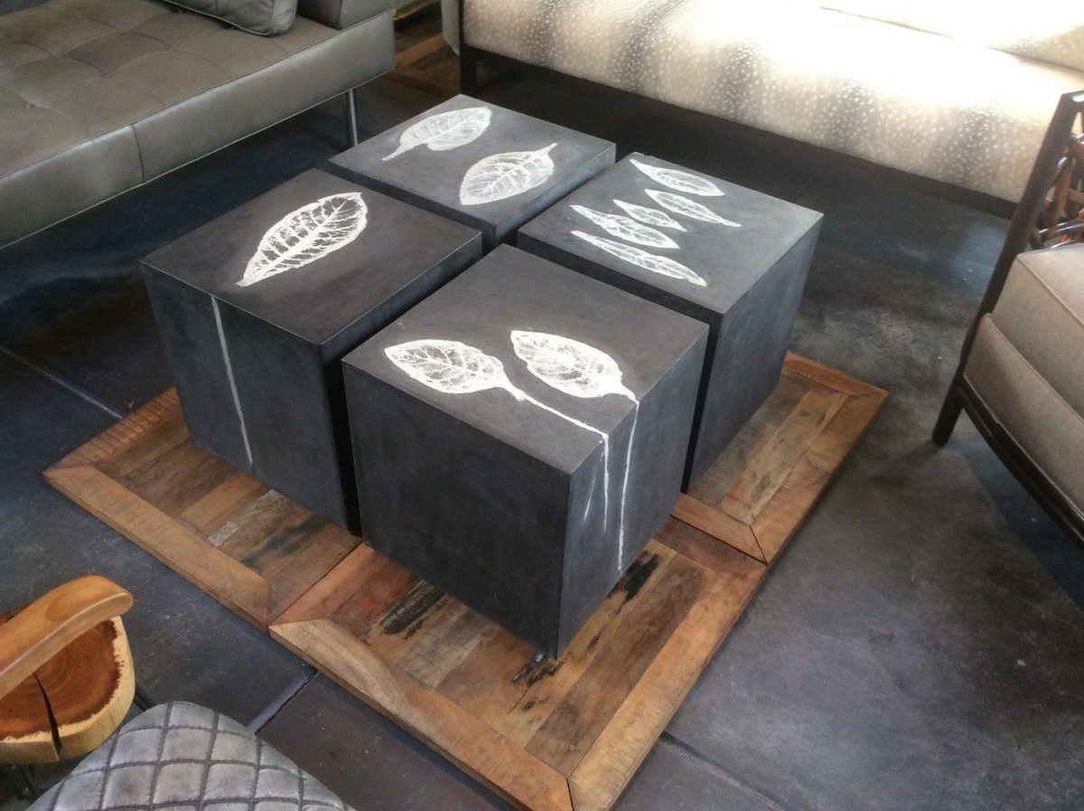 Concrete Custom Square End & Side Tables with Leaf Impressions For Sale