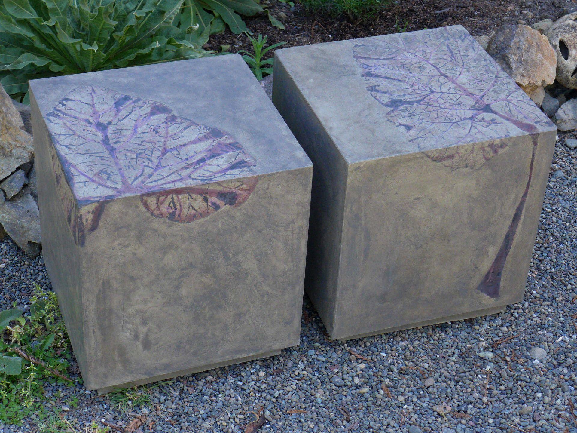 These highly customizable lightweight concrete square side, end or coffee tables with leaf impressions from real leaves can add a solid presence to nearly any room or outdoor environment. The fossil-like leaf imprints soften the brutalist material