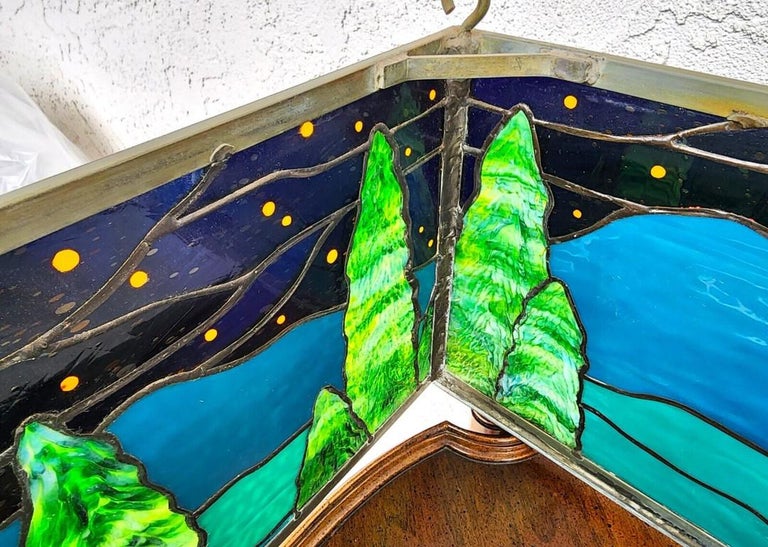 Custom Stained Glass Hanging Ceiling Light Box For Sale at 1stDibs
