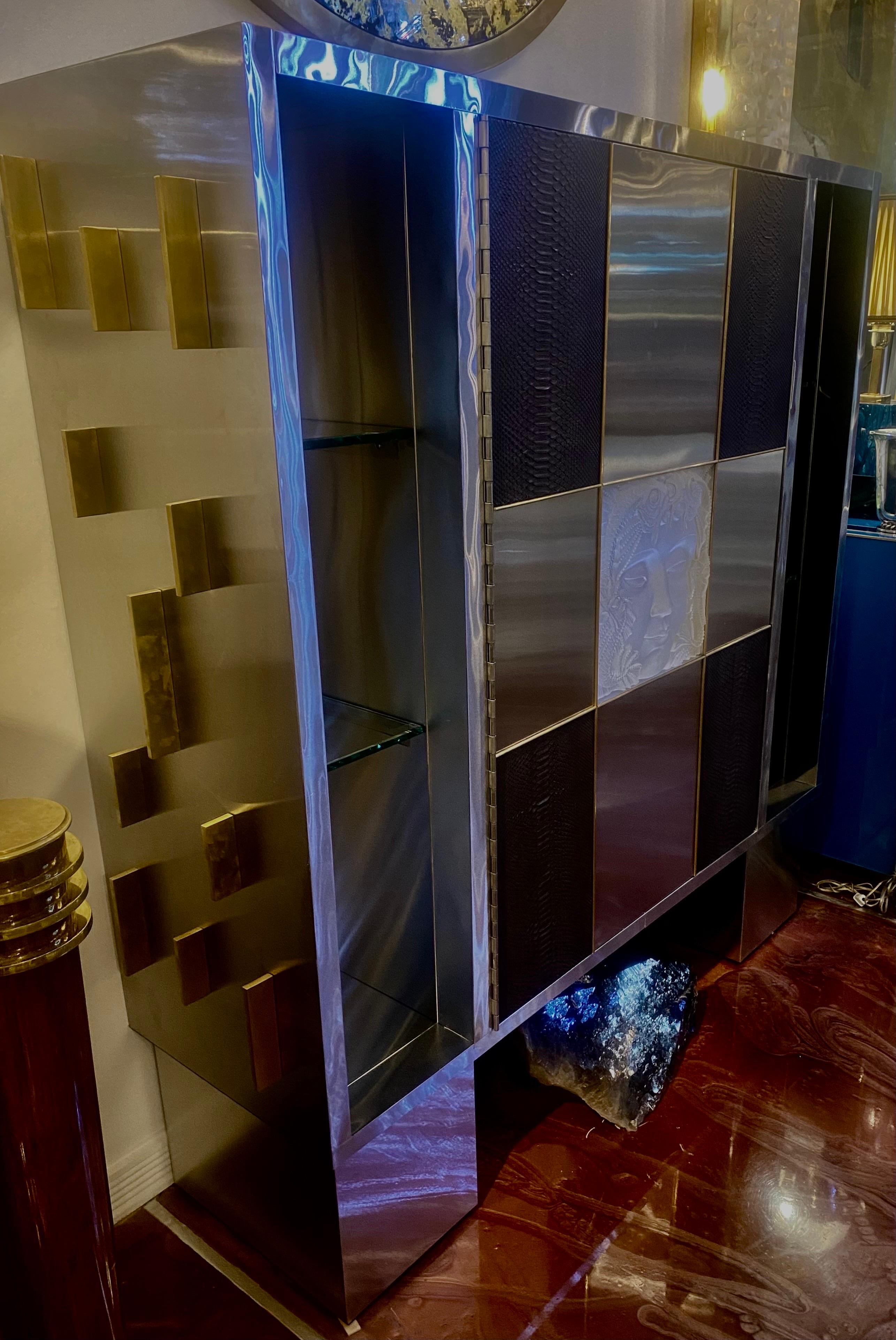 Barra o Armario Seco de Acero Inoxidable, Python y Vidrio Art Decó a Medida en venta 1