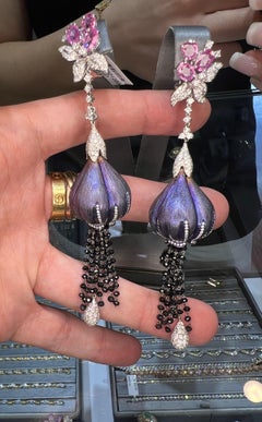 Custom Statement Earring 18k Pink Ceylon Sapphire and Titanium Diamond Earring