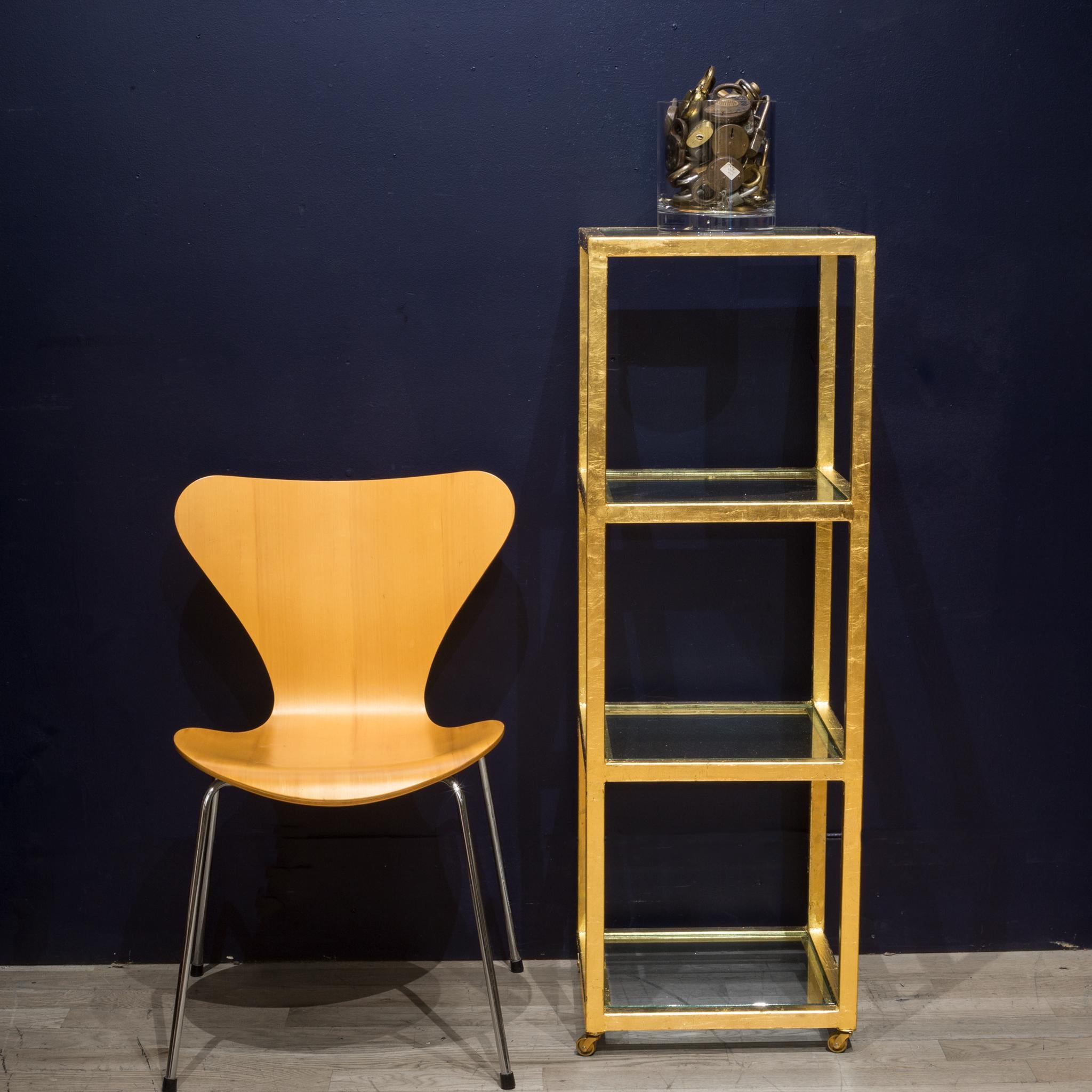 About

An original custom steel rolling cart with four glass shelves. Hand gold leafed with brass casters. Great as a barcart or bathroom cart.

Creator Luke Anthony, San Francisco.
Date of manufacture circa 2014.
Materials and techniques