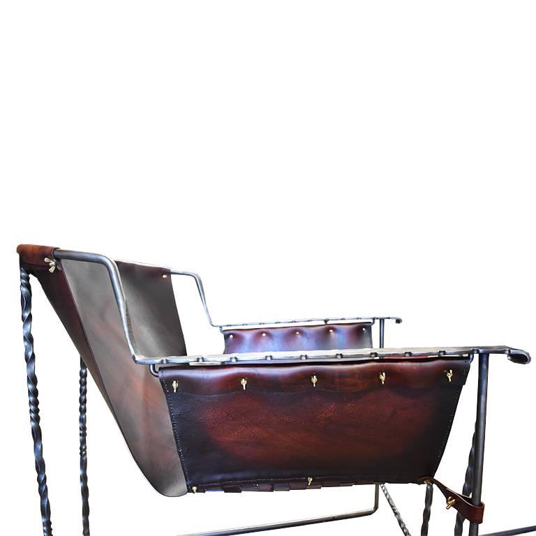 Custom Steel and Leather Hand-Forged Black and Brown Handmade Sling Chairs For Sale 3