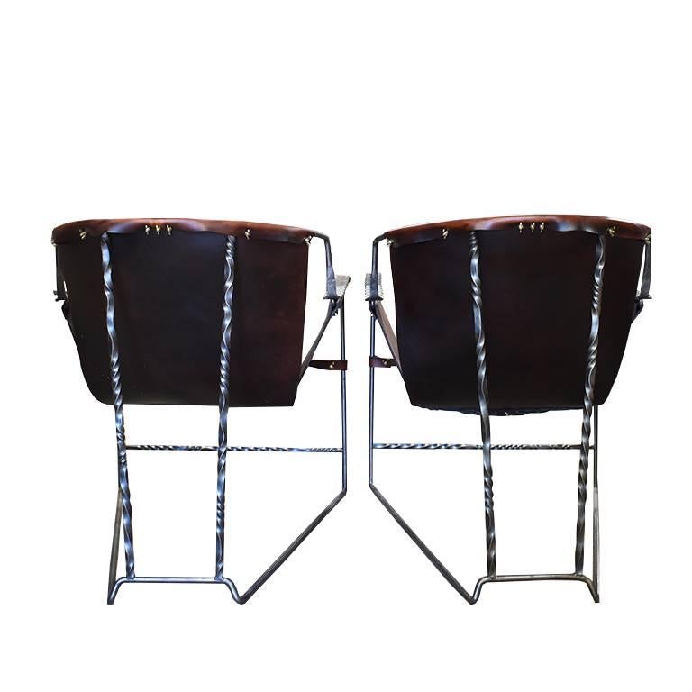 American Custom Steel and Leather Hand-Forged Black and Brown Handmade Sling Chairs For Sale