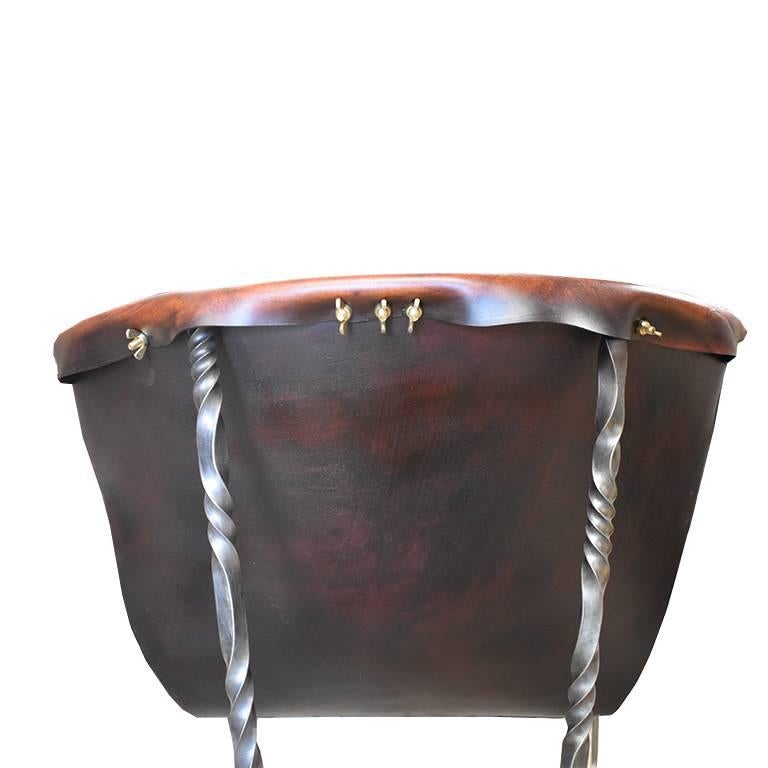 Contemporary Custom Steel and Leather Hand-Forged Black and Brown Handmade Sling Chairs For Sale