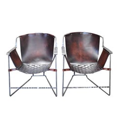 Maßgefertigte handgeschmiedete Sling-Stühle aus Stahl und Leder in Schwarz und Braun