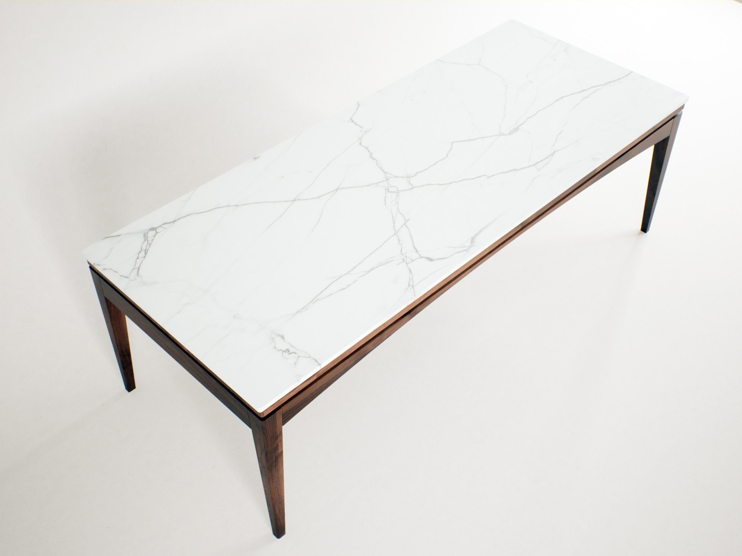 Contemporary Custom Stone Dining Table – Sleek Porcelain Top with Solid walnut structure For Sale