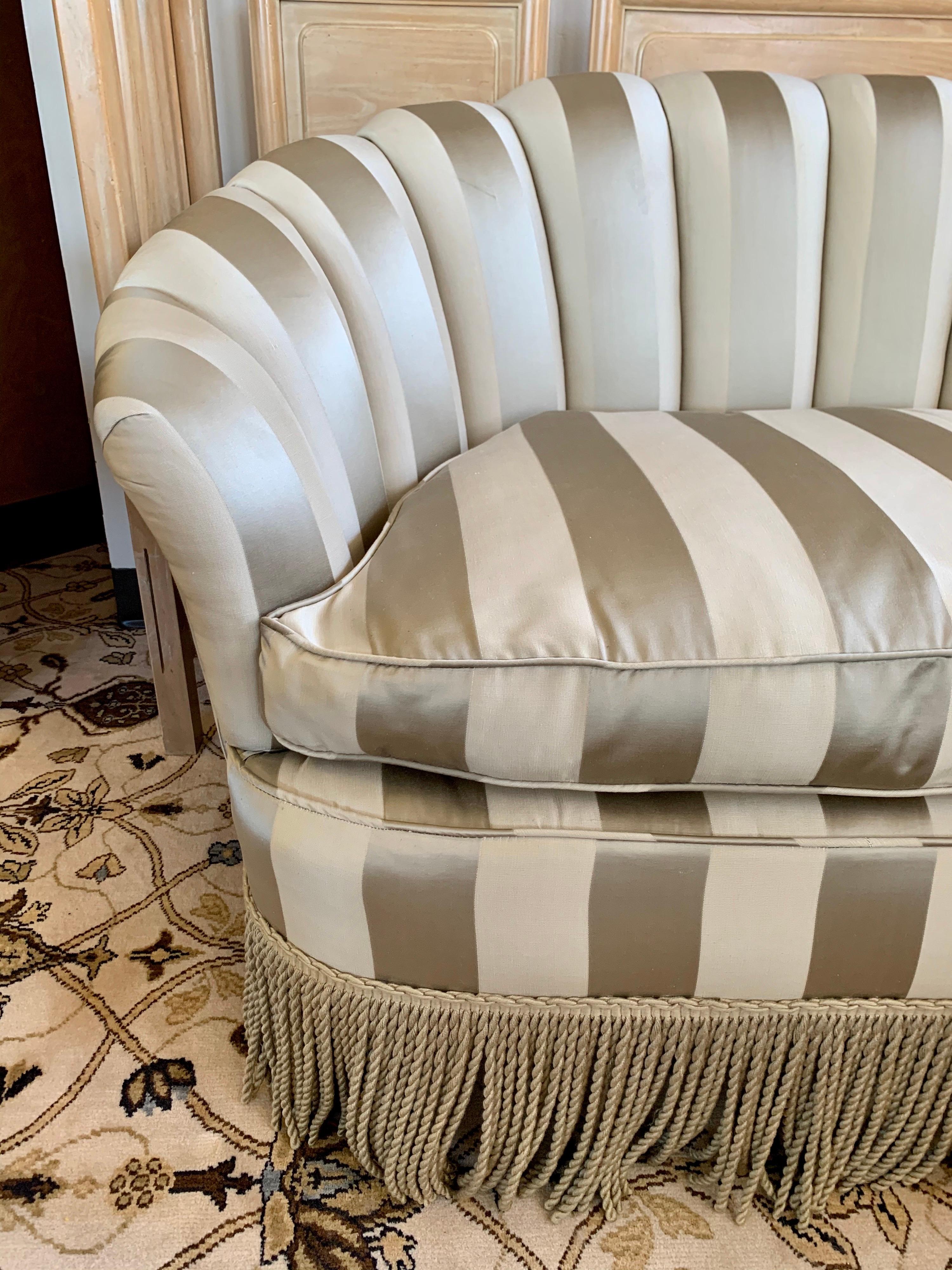 American Custom Striped Silk Upholstered Channel Back Curved Loveseat