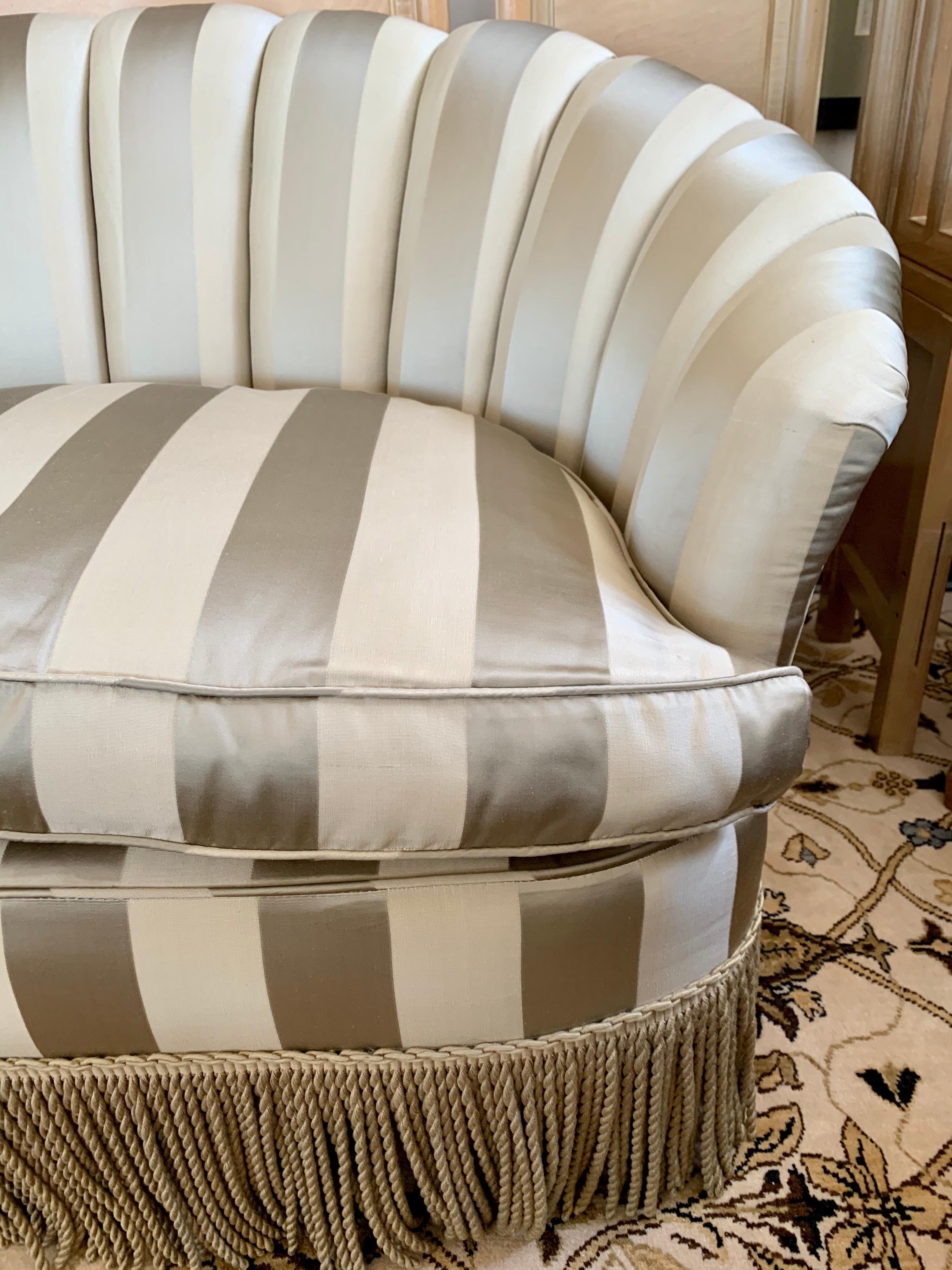 Custom Striped Silk Upholstered Channel Back Curved Loveseat In Good Condition In West Hartford, CT