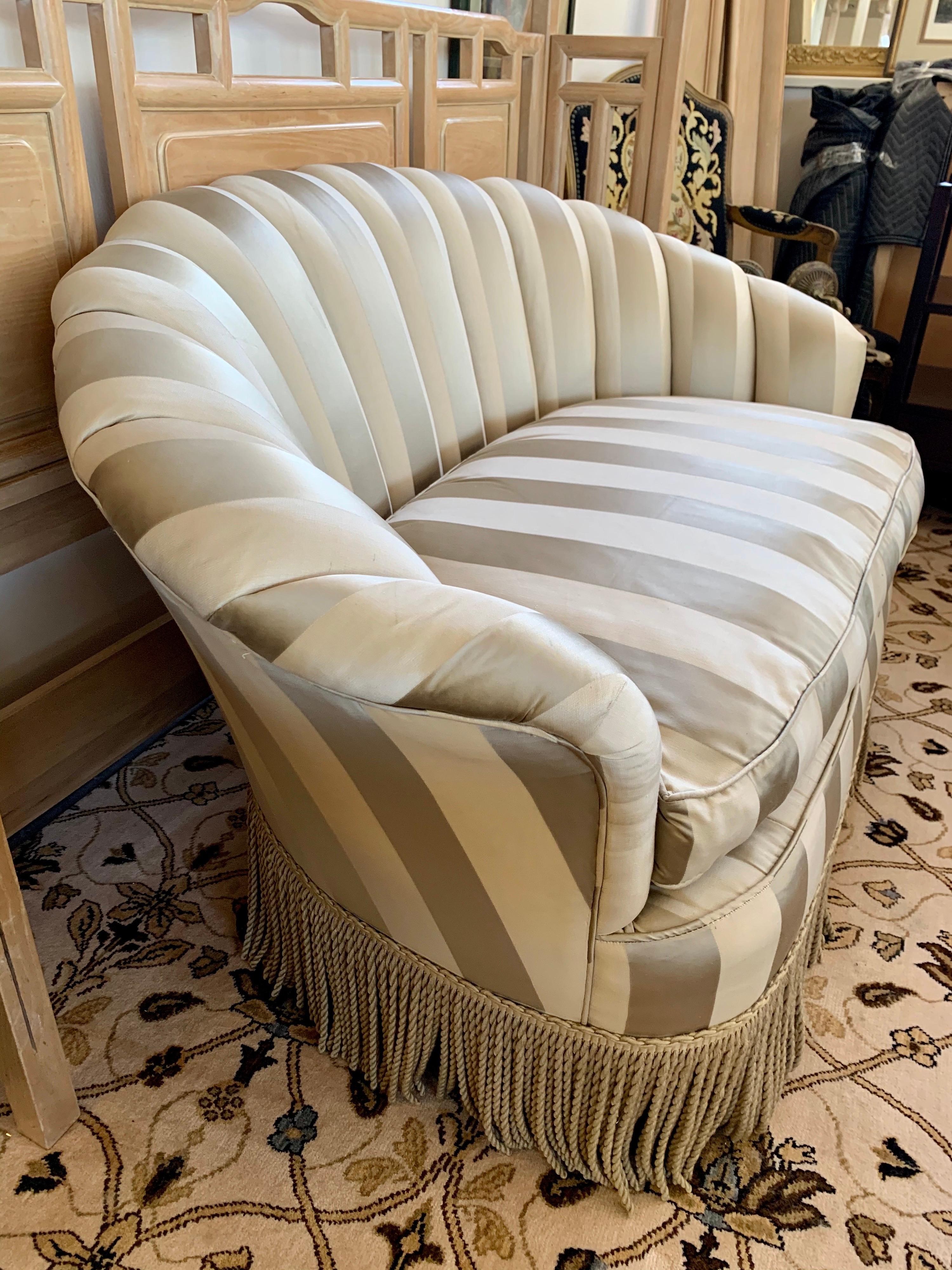 20th Century Custom Striped Silk Upholstered Channel Back Curved Loveseat