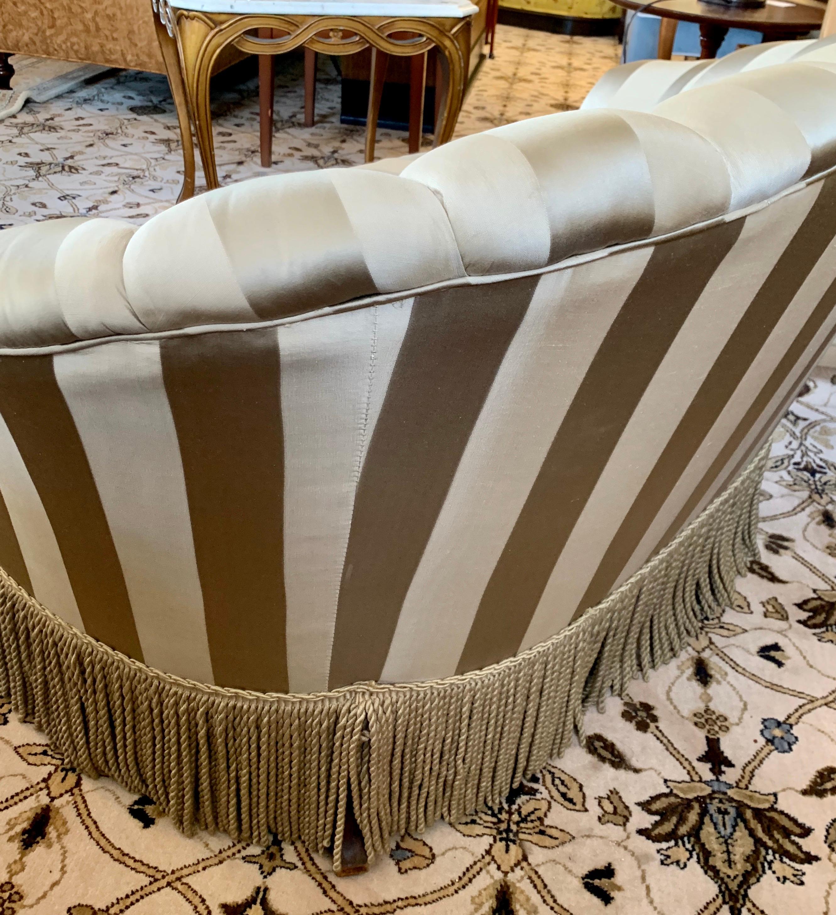 Custom Striped Silk Upholstered Channel Back Curved Loveseat 1