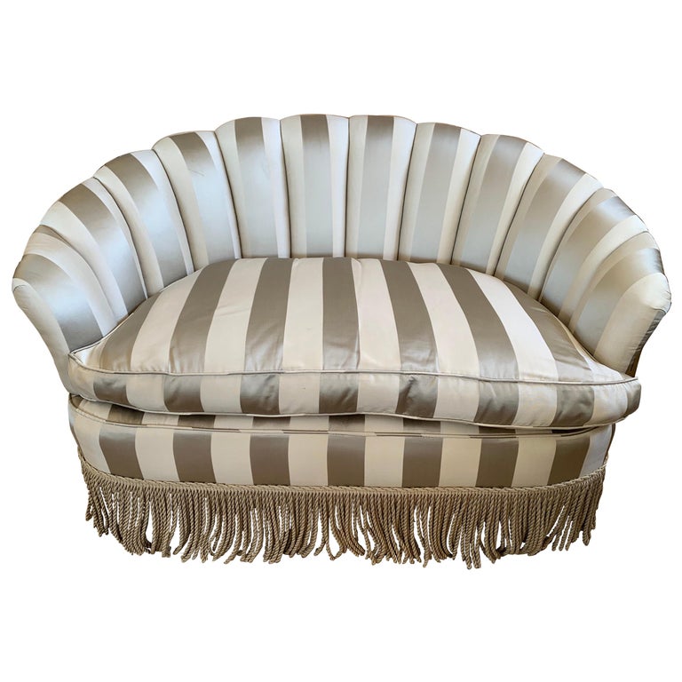 Custom Striped Silk Upholstered Channel Back Curved Loveseat For Sale
