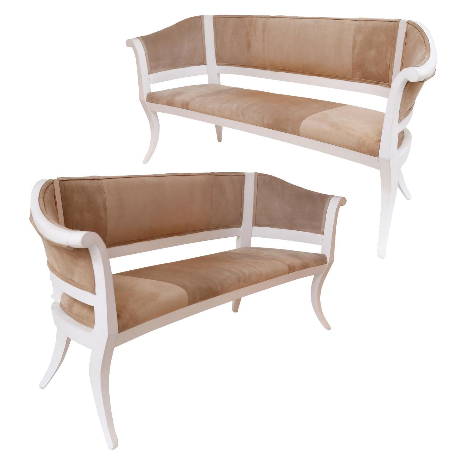 Wood Custom Suede Upholstered Settee