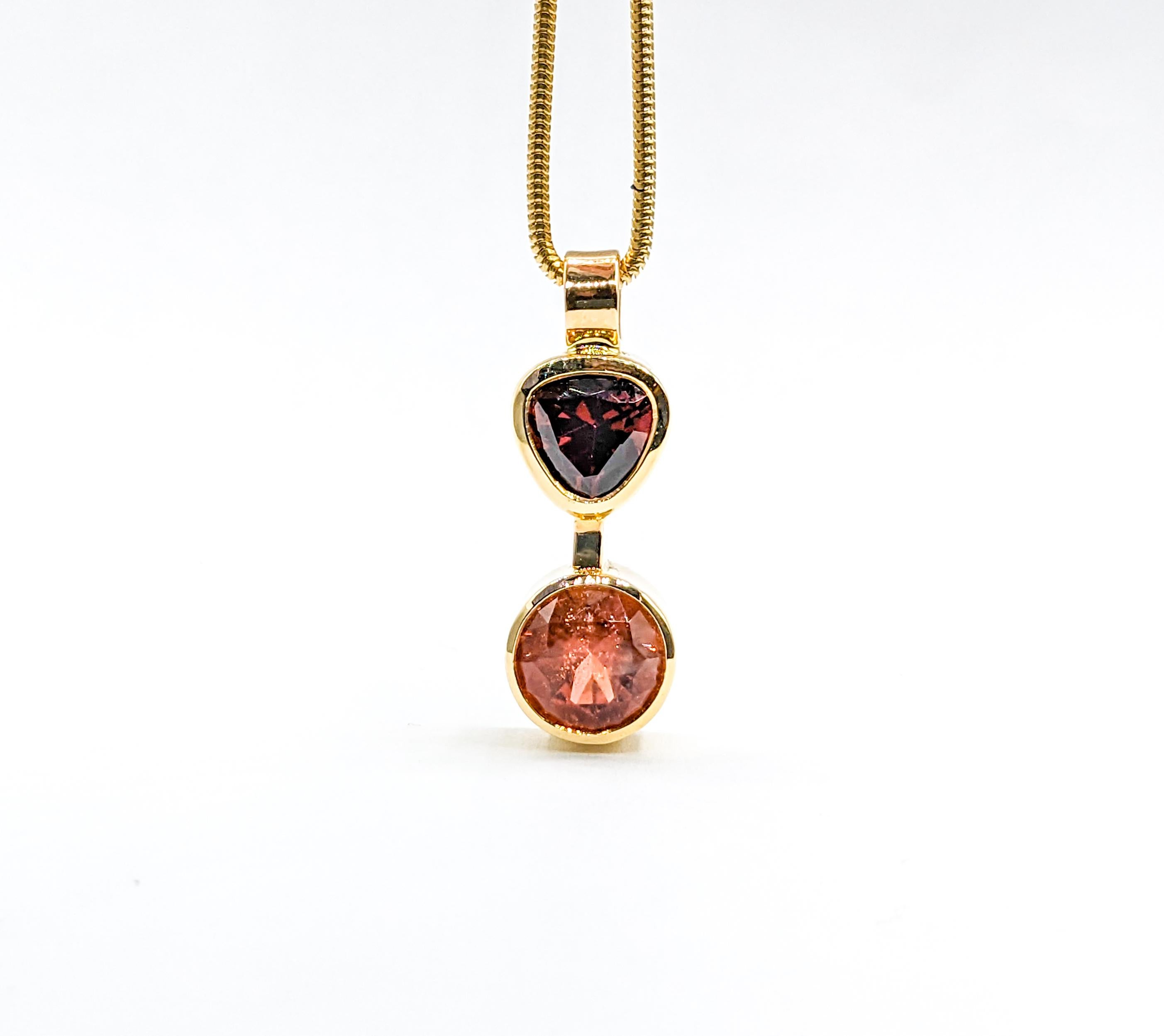 Round Cut Custom Sunstone & Tourmaline Bezel Pendant Necklace in 14k Gold For Sale