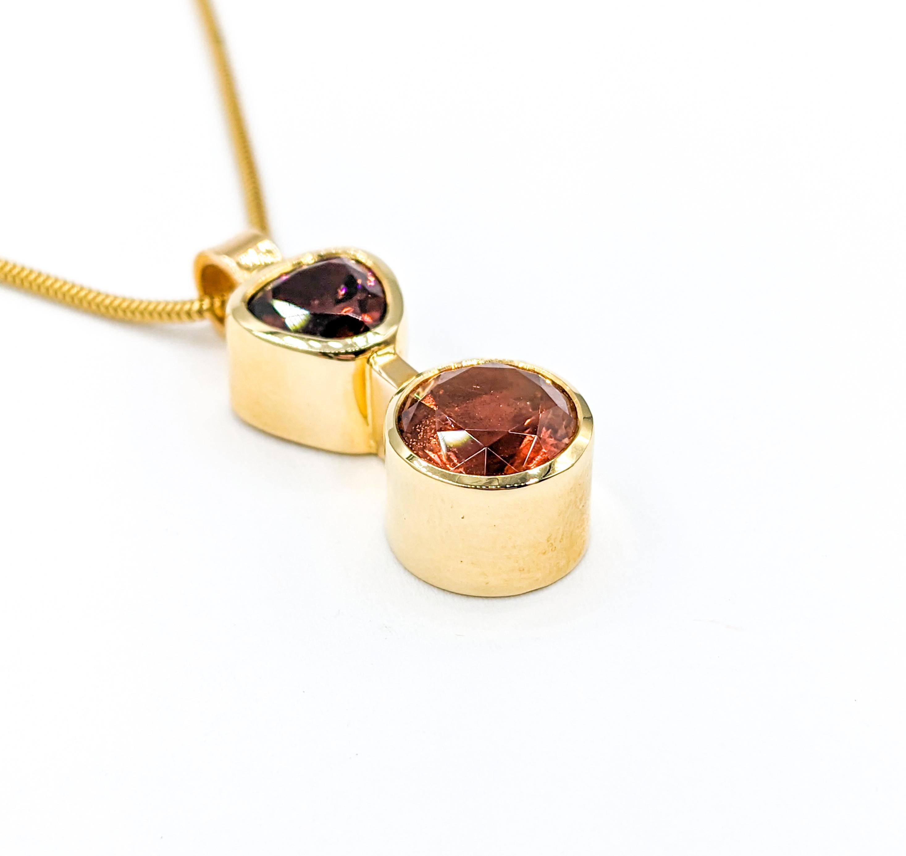 Custom Sunstone & Tourmaline Bezel Pendant Necklace in 14k Gold In Excellent Condition For Sale In Bloomington, MN