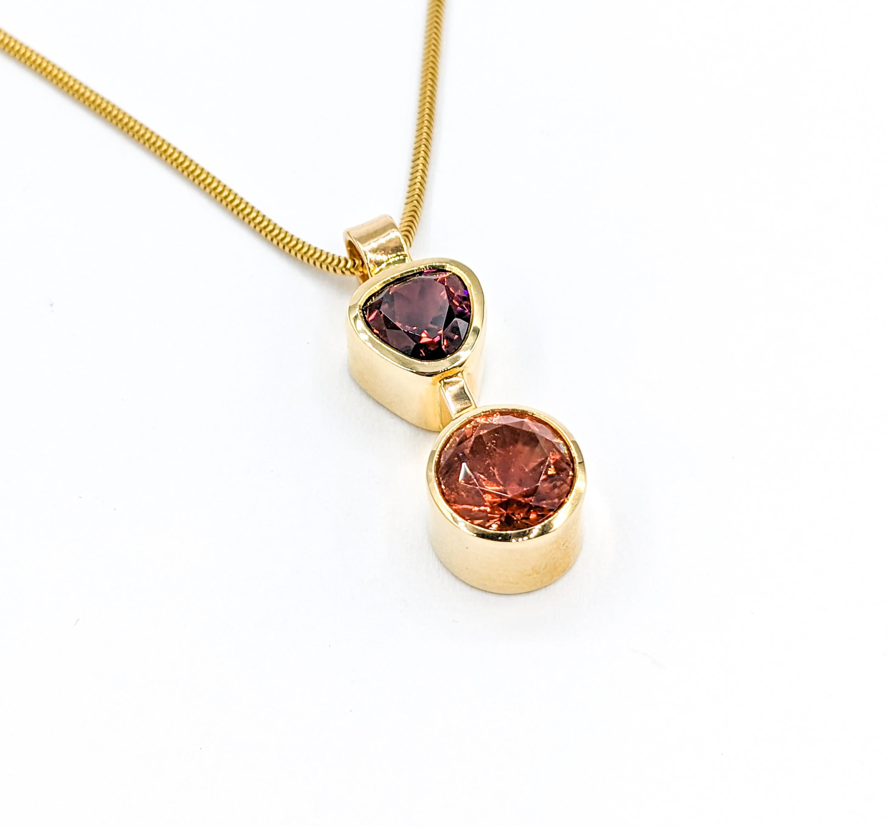 Women's Custom Sunstone & Tourmaline Bezel Pendant Necklace in 14k Gold For Sale