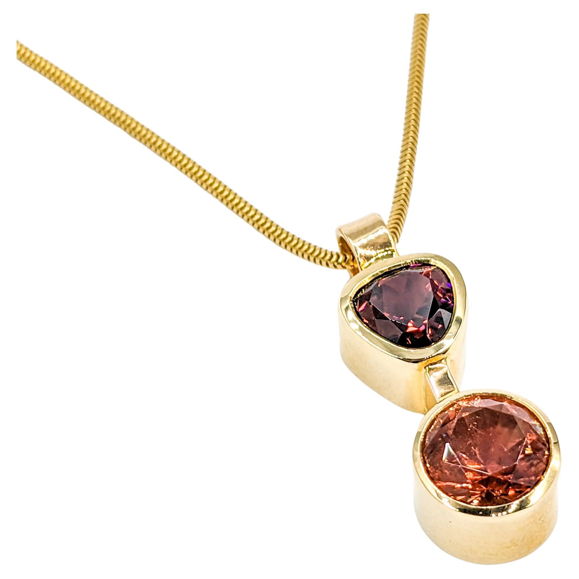 Custom Sunstone & Tourmaline Bezel Pendant Necklace in 14k Gold For Sale