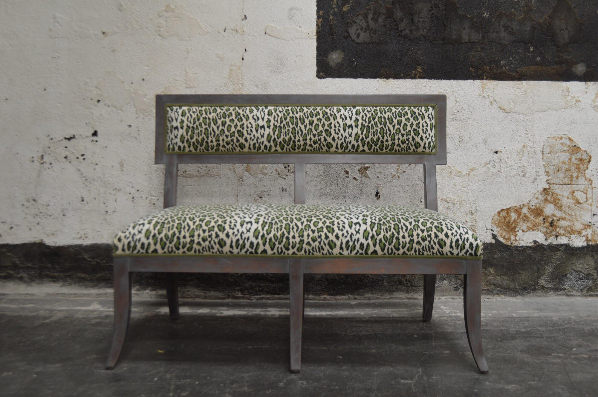 Modern Swedish Gray Dining Banquette in Green Leopard