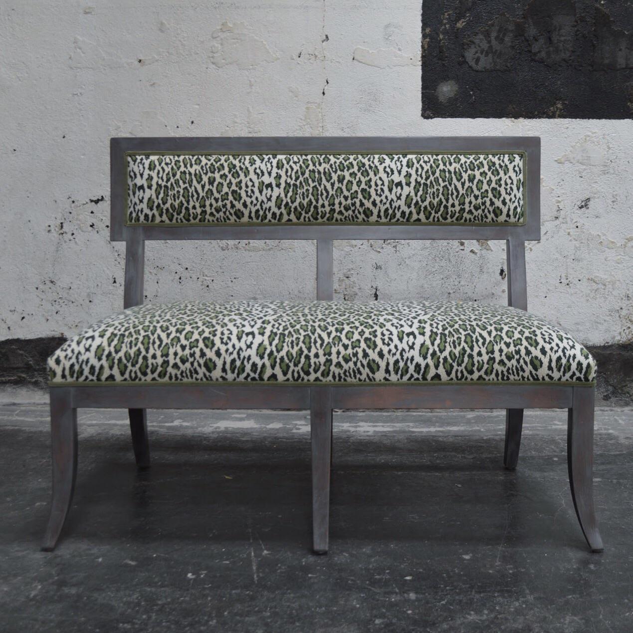 Patinated Swedish Gray Dining Banquette in Green Leopard