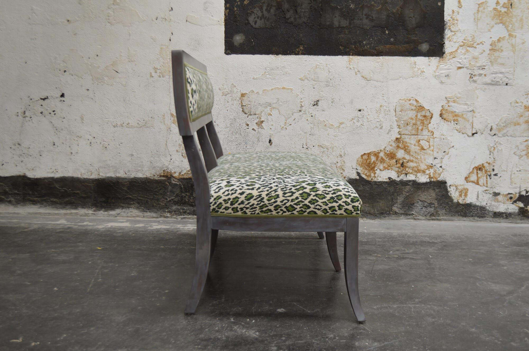 Swedish Gray Dining Banquette in Green Leopard In Good Condition In Atlanta, GA