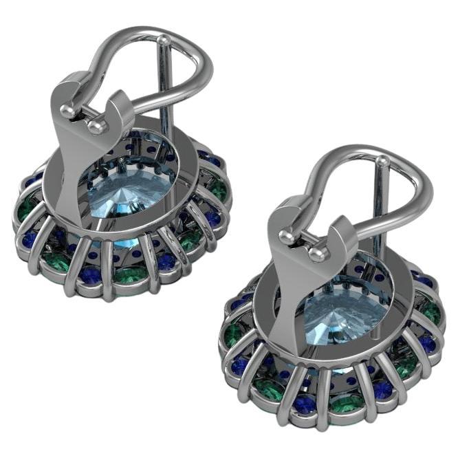 Pendientes de platino personalizados de topacio azul suizo, esmeralda y zafiro con cierre de palanca en Nuevo estado para la venta en Lanham, MD