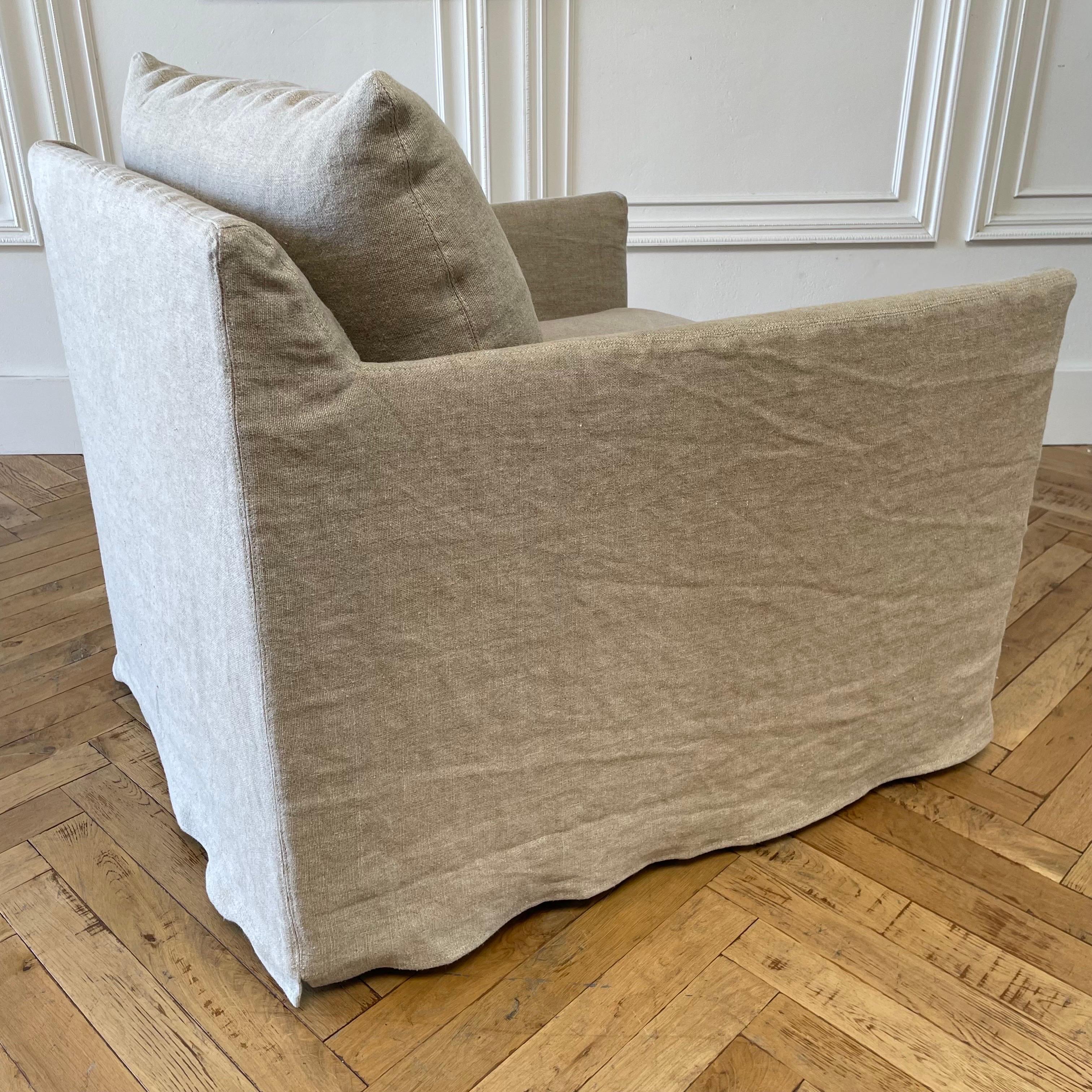 Custom Swivel Chair Slip Covered in a Heavy Flax Stone Washed Linen For Sale 6