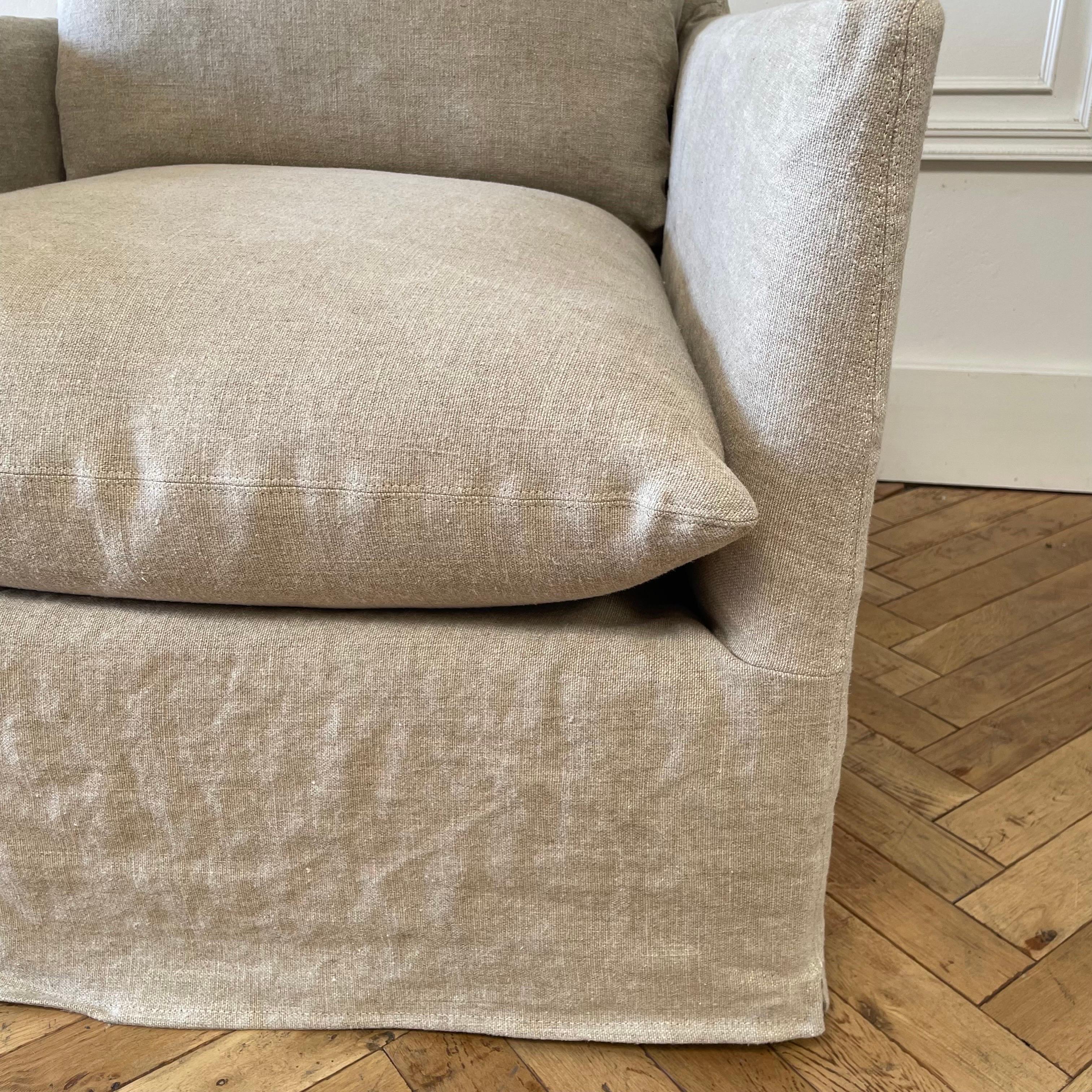 Contemporary Custom Swivel Chair Slip Covered in a Heavy Flax Stone Washed Linen For Sale