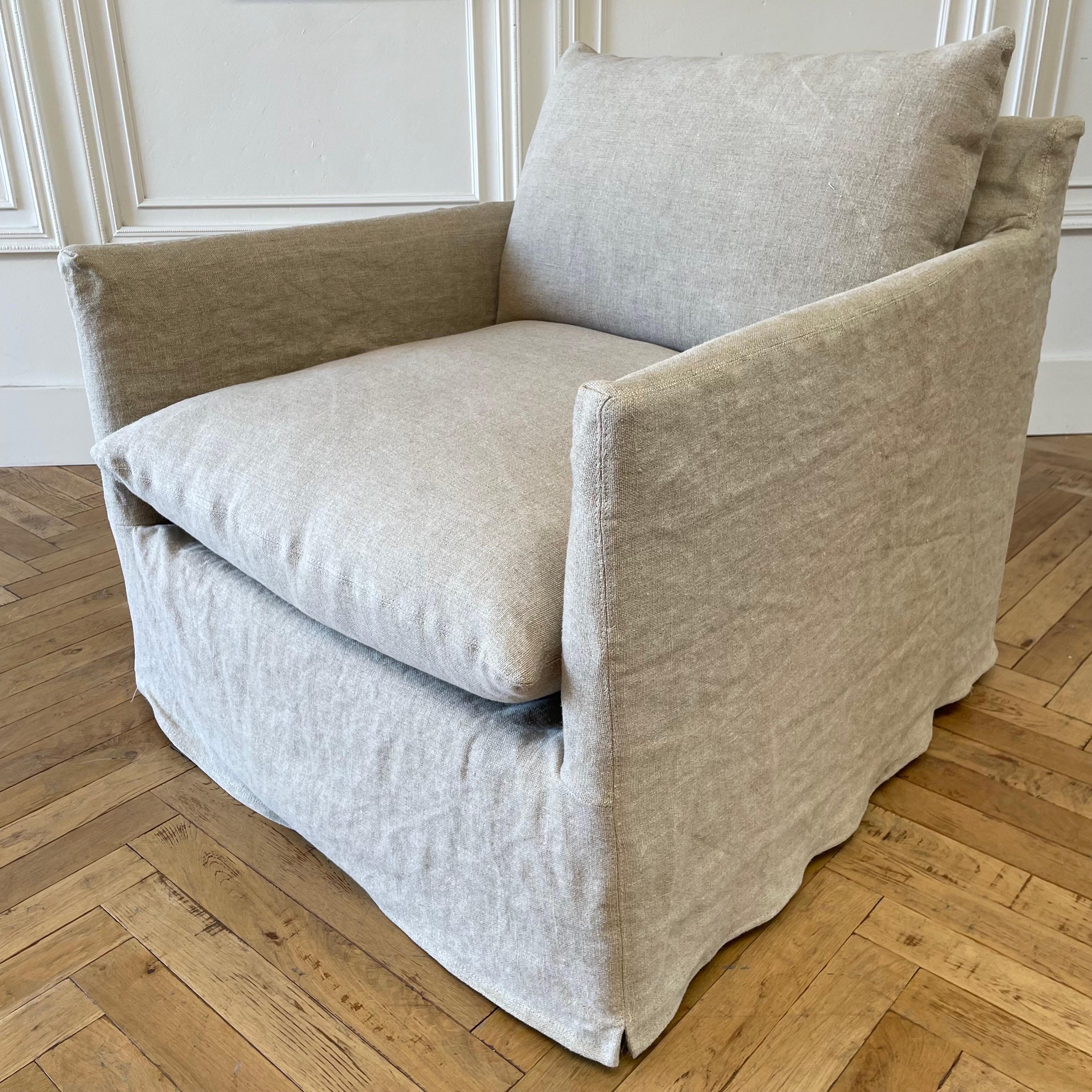 Custom Swivel Chair Slip Covered in a Heavy Flax Stone Washed Linen For Sale 2