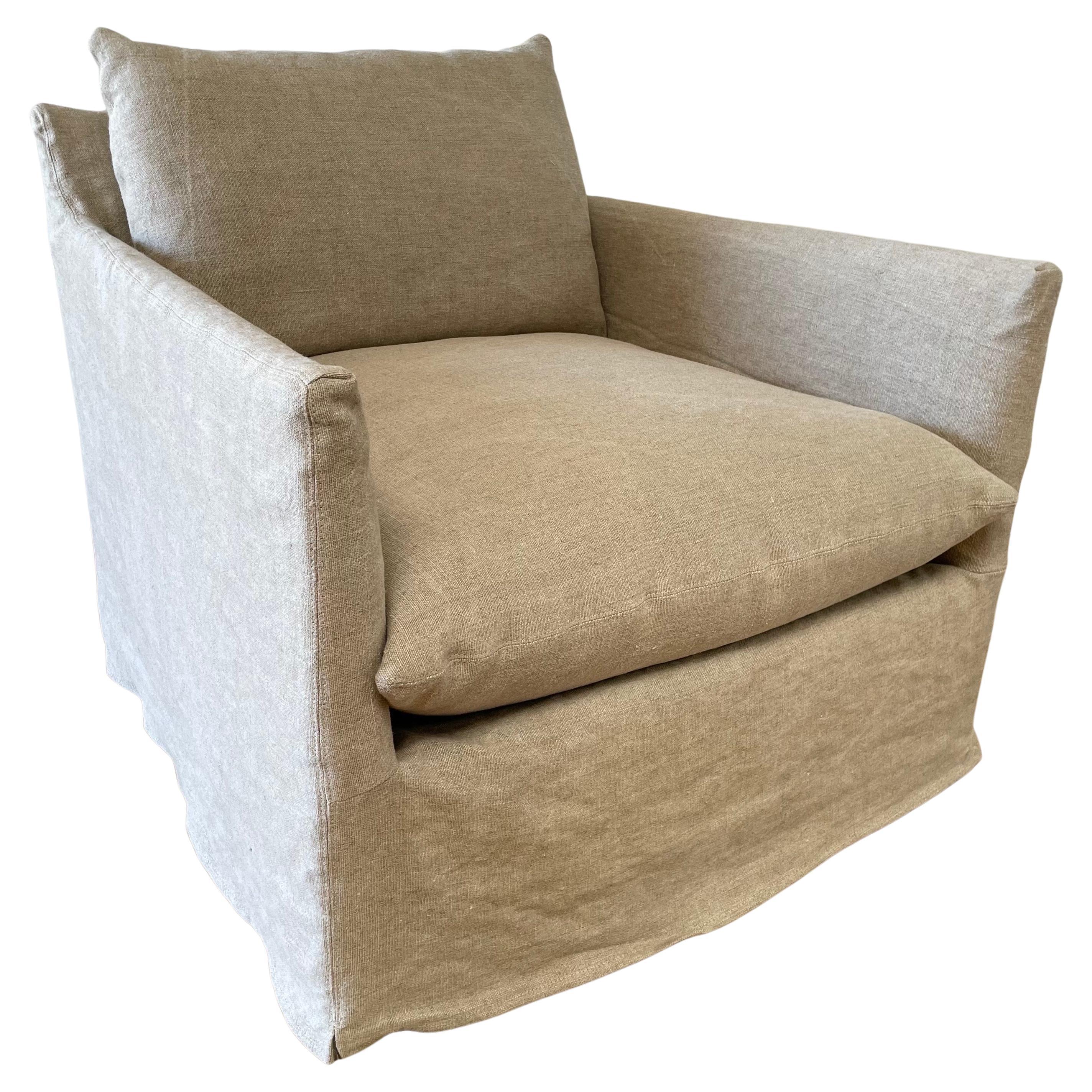 Custom Swivel Chair Slip Covered in a Heavy Flax Stone Washed Linen