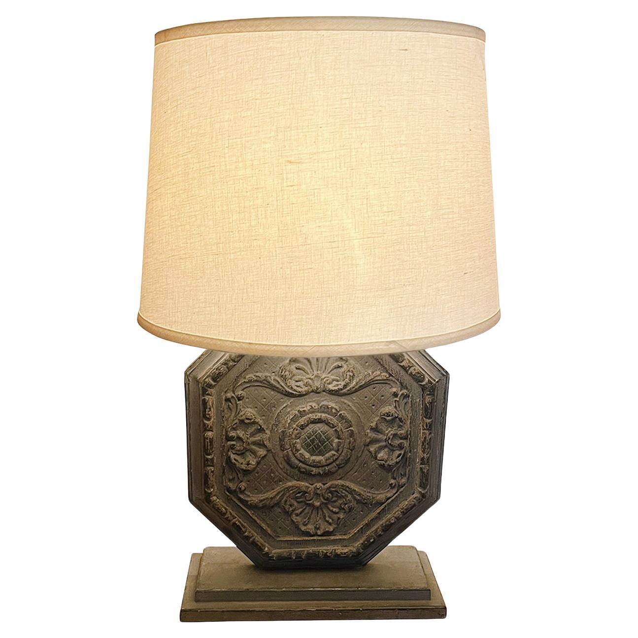 Custom Table Lamp With Carved Shield Form