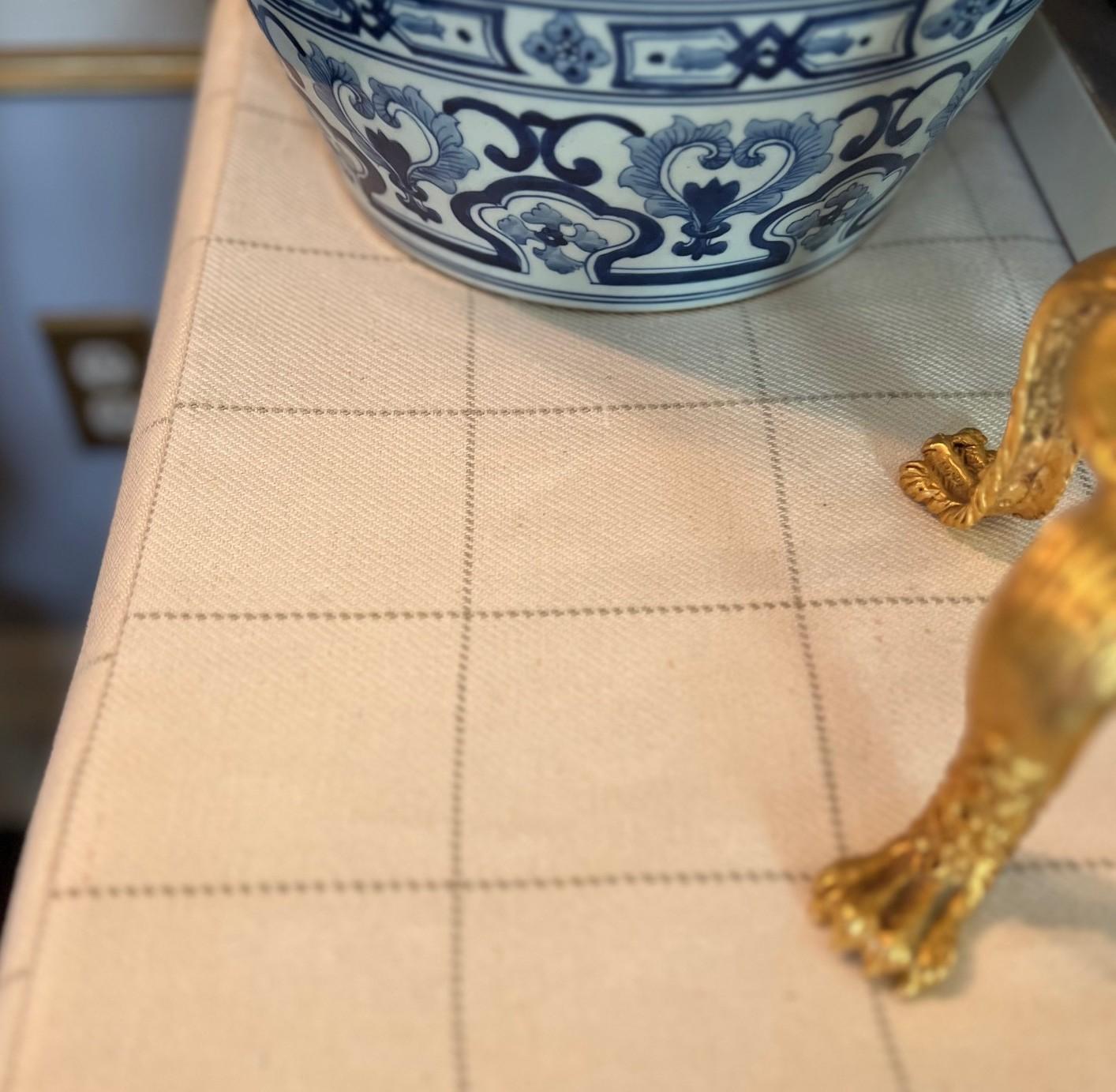 Late 20th Century Custom Table with Pleated Checkered Fabric and Glass Top Sourced by Mark Hampton For Sale