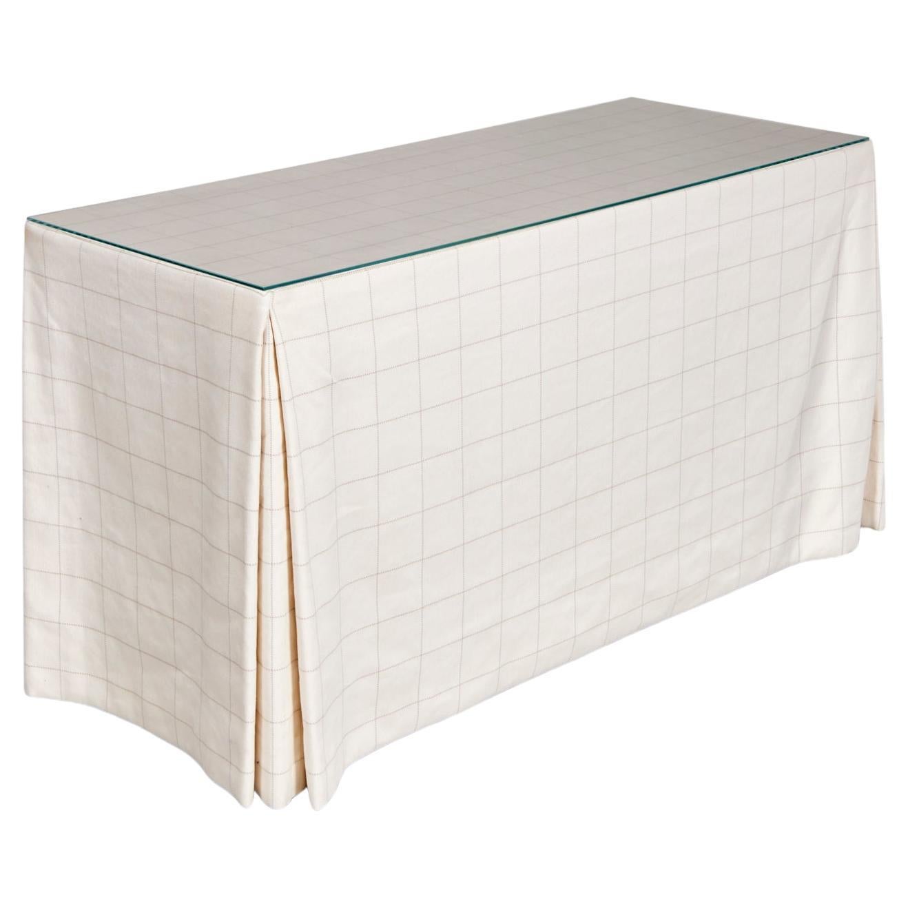 Custom Table with Pleated Checkered Fabric and Glass Top Sourced by Mark Hampton For Sale