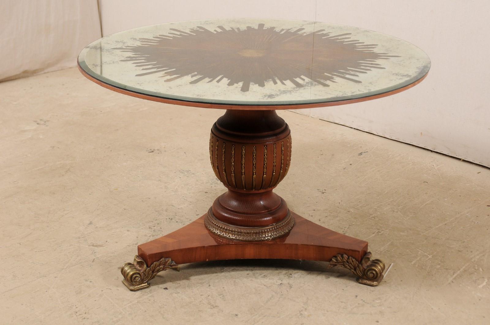 American Custom Table with Verre Églomisé Sunburst Mirror Top over Carved Pedestal Base