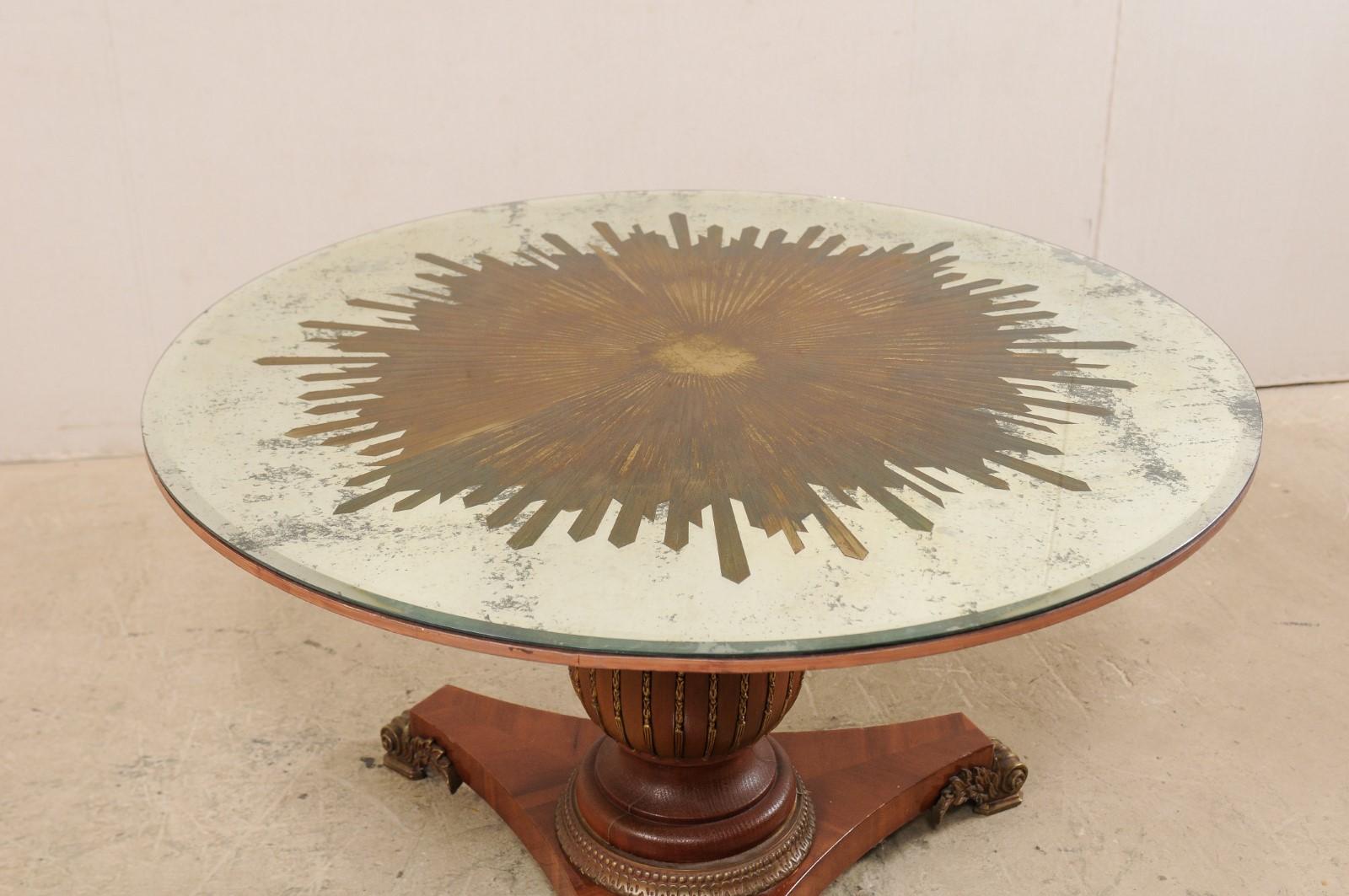 Custom Table with Verre Églomisé Sunburst Mirror Top over Carved Pedestal Base 1