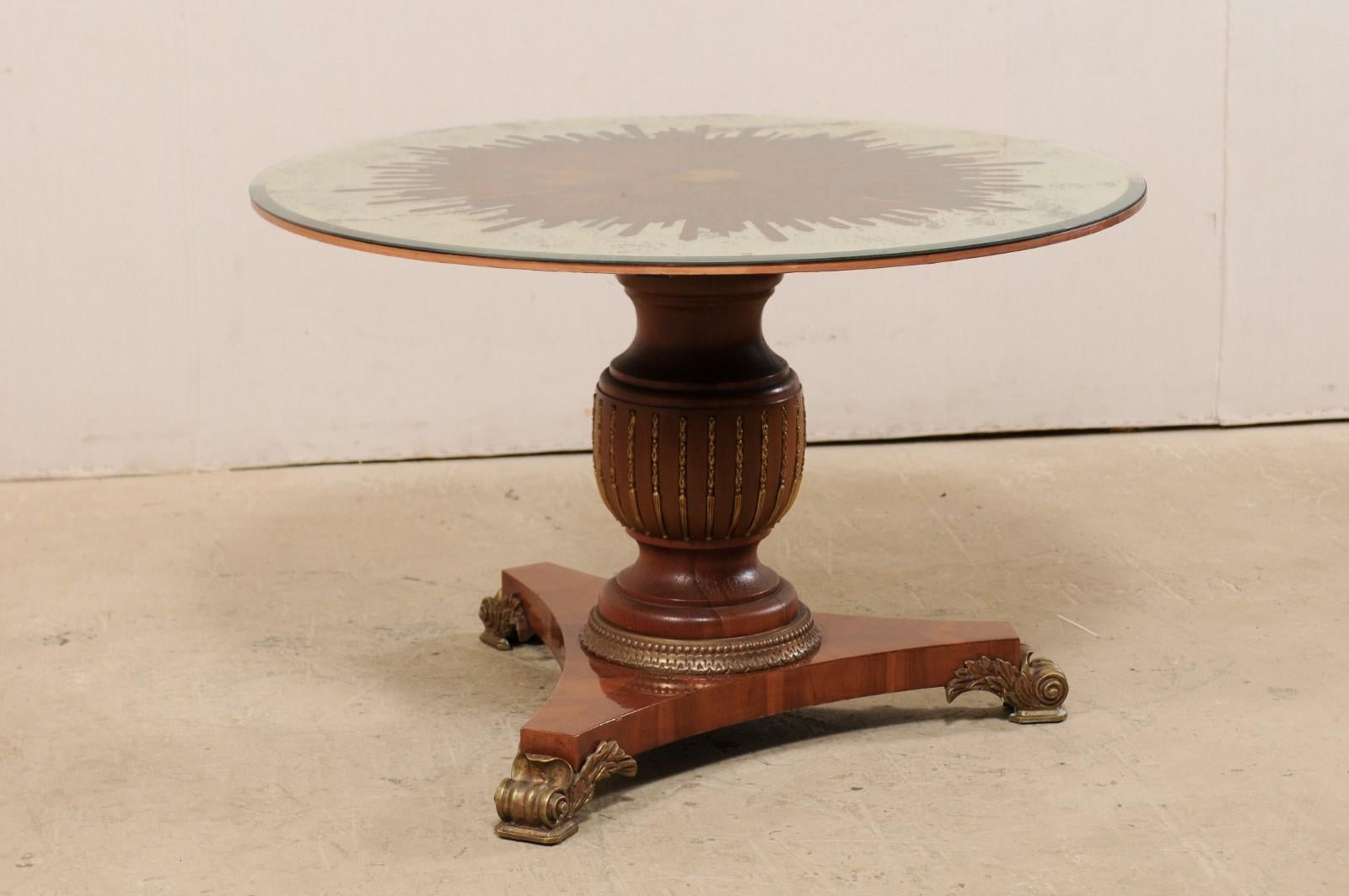 Custom Table with Verre Églomisé Sunburst Mirror Top over Carved Pedestal Base 2
